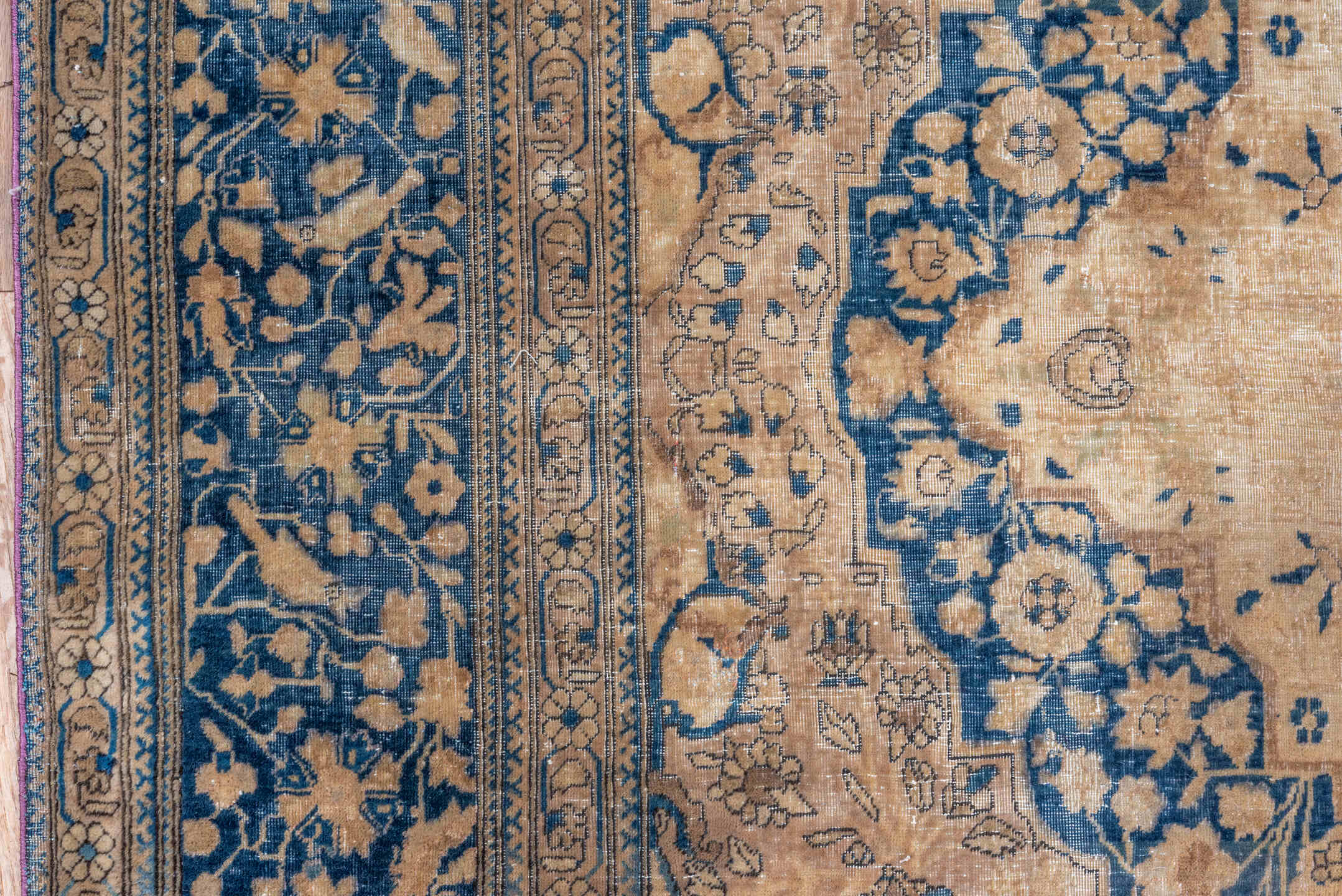 4' x 6' one-of-a-kind handmade vintage Mohtasham Kashan rug. Color palette: ivory, navy, beige, slate, taupe, camel, blue
