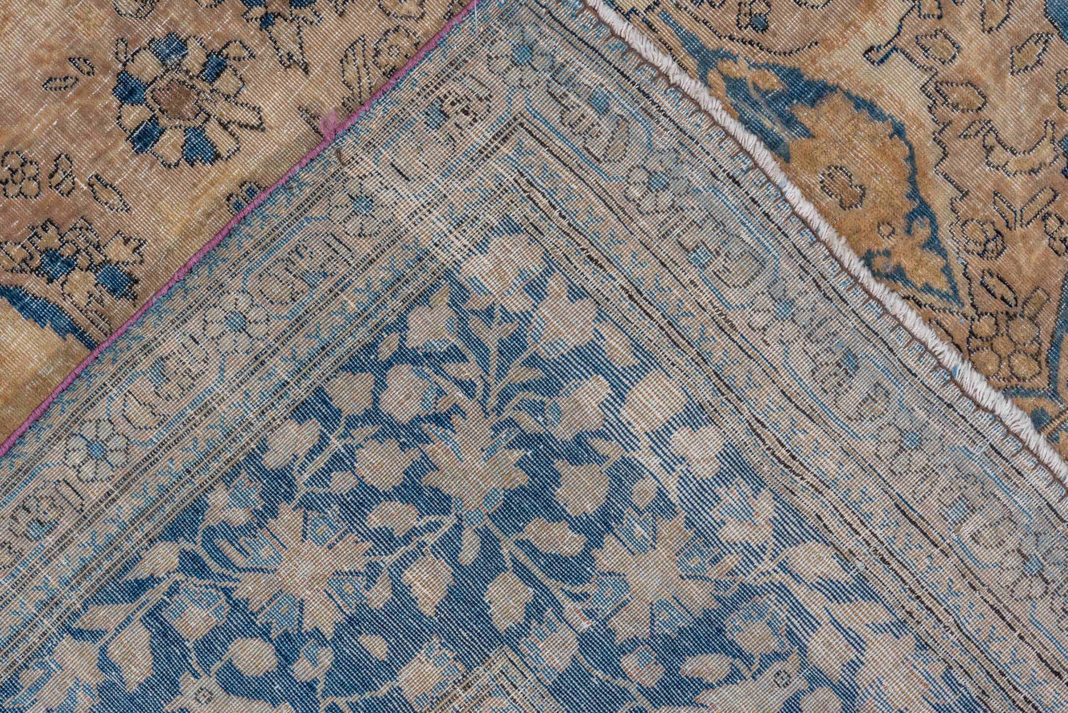 4' x 6' one-of-a-kind handmade vintage Mohtasham Kashan rug. Color palette: ivory, navy, beige, slate, taupe, camel, blue