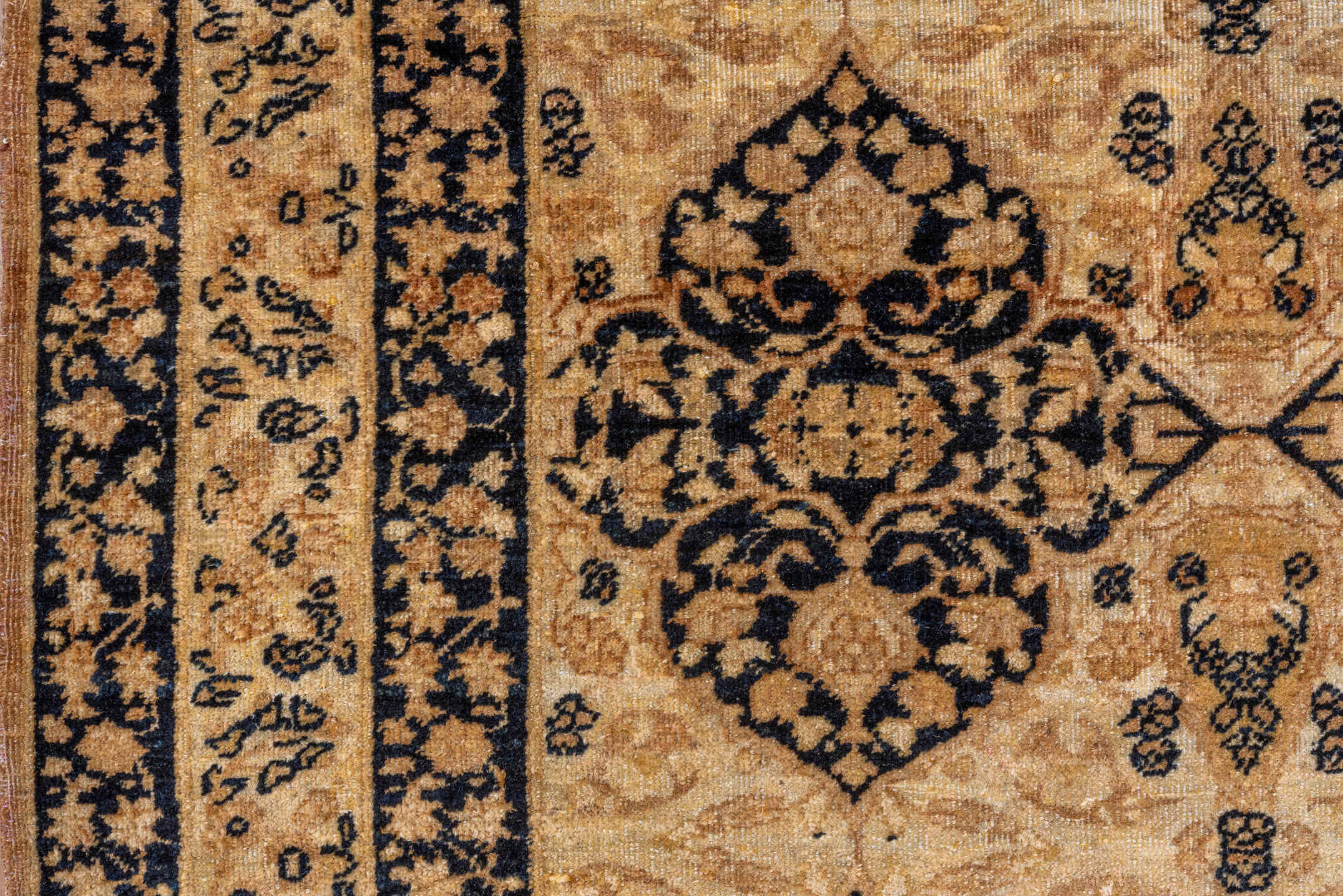 4' x 5' one-of-a-kind handmade vintage Lavar small size rug. Color palette: camel, ivory, charcoal, taupe, brown, beige