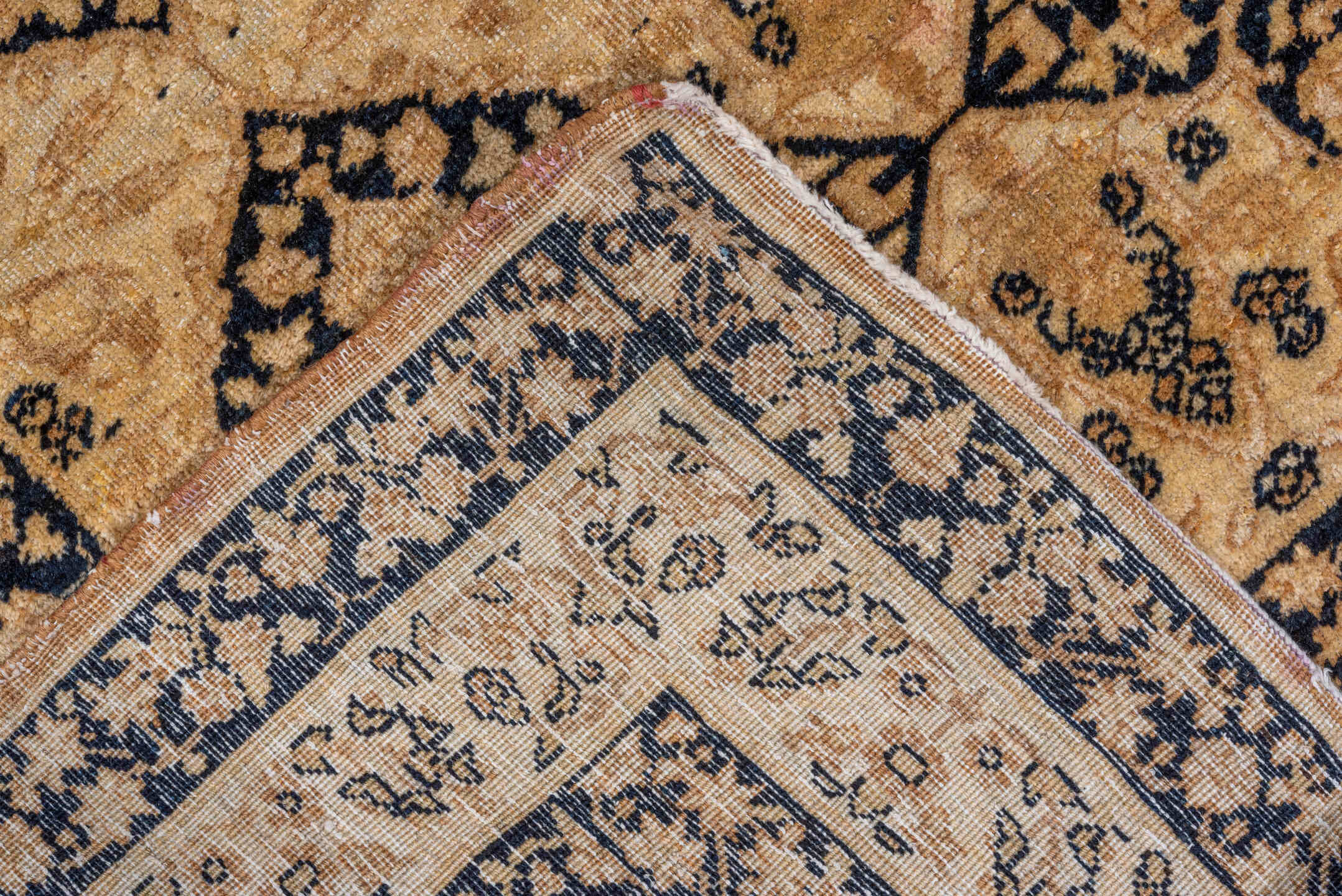 4' x 5' one-of-a-kind handmade vintage Lavar small size rug. Color palette: camel, ivory, charcoal, taupe, brown, beige