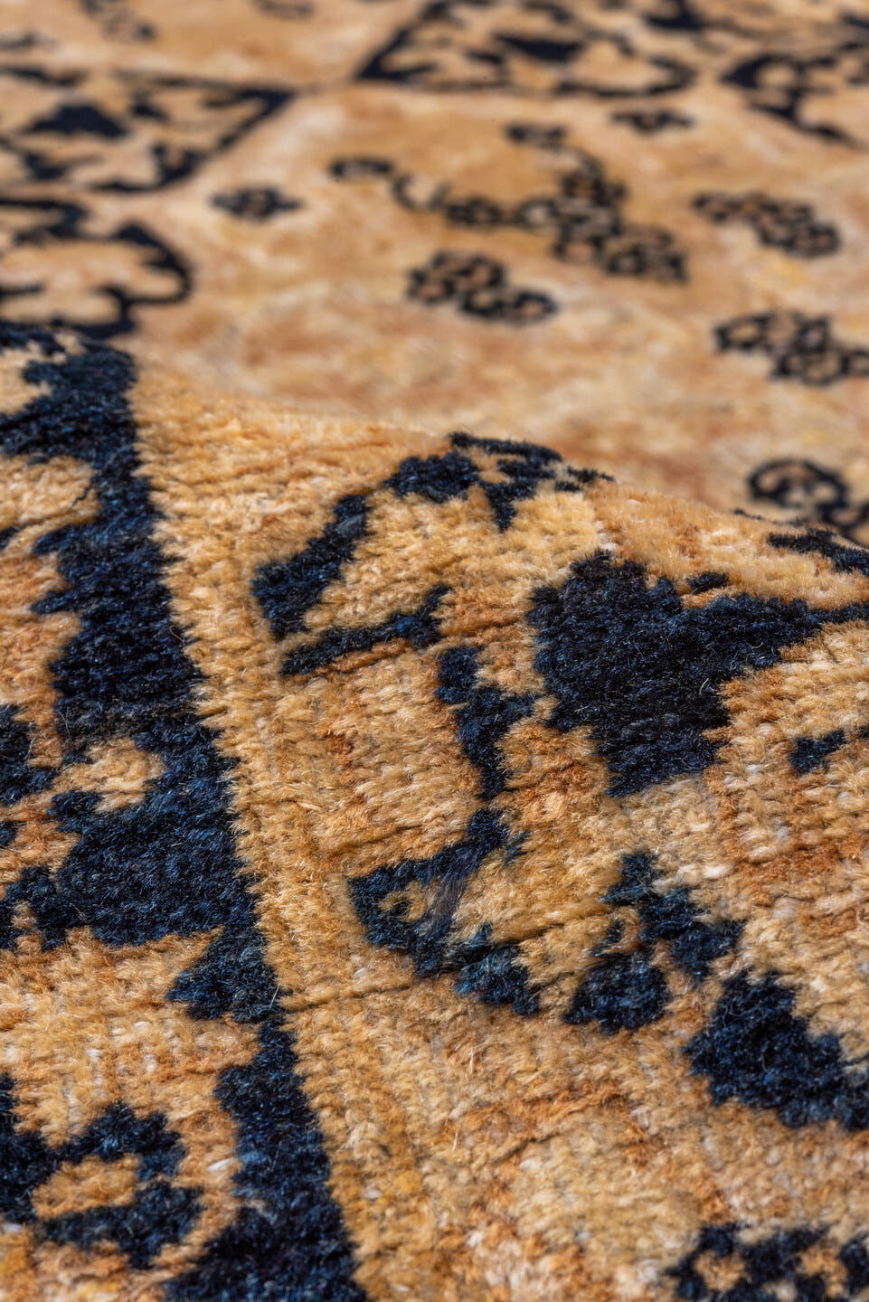 4' x 5' one-of-a-kind handmade vintage Lavar small size rug. Color palette: camel, ivory, charcoal, taupe, brown, beige