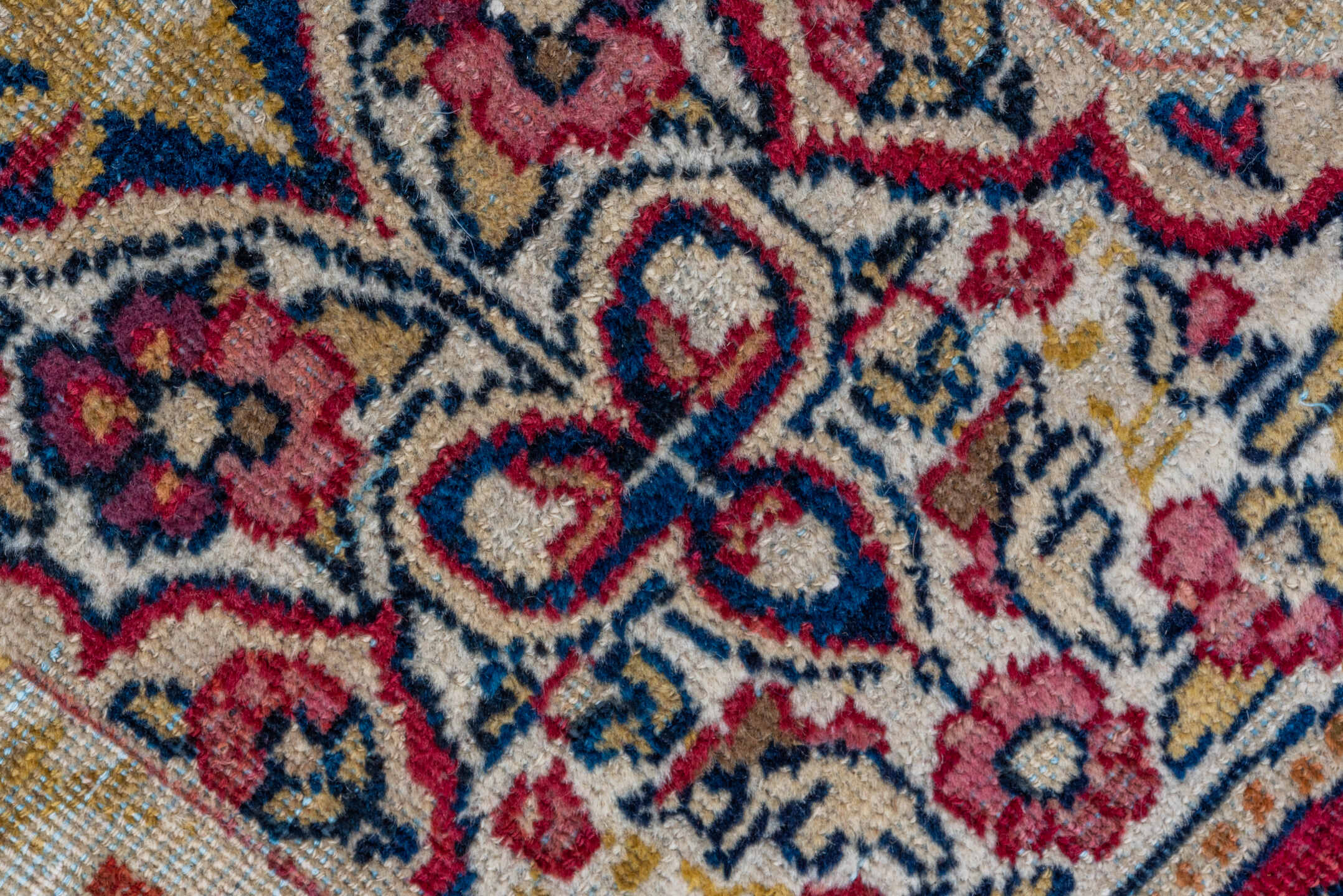 4' x 7' one-of-a-kind handmade vintage Yazd rug. Color palette: ivory, crimson, navy, rose, gold, burgundy, camel, red, blue