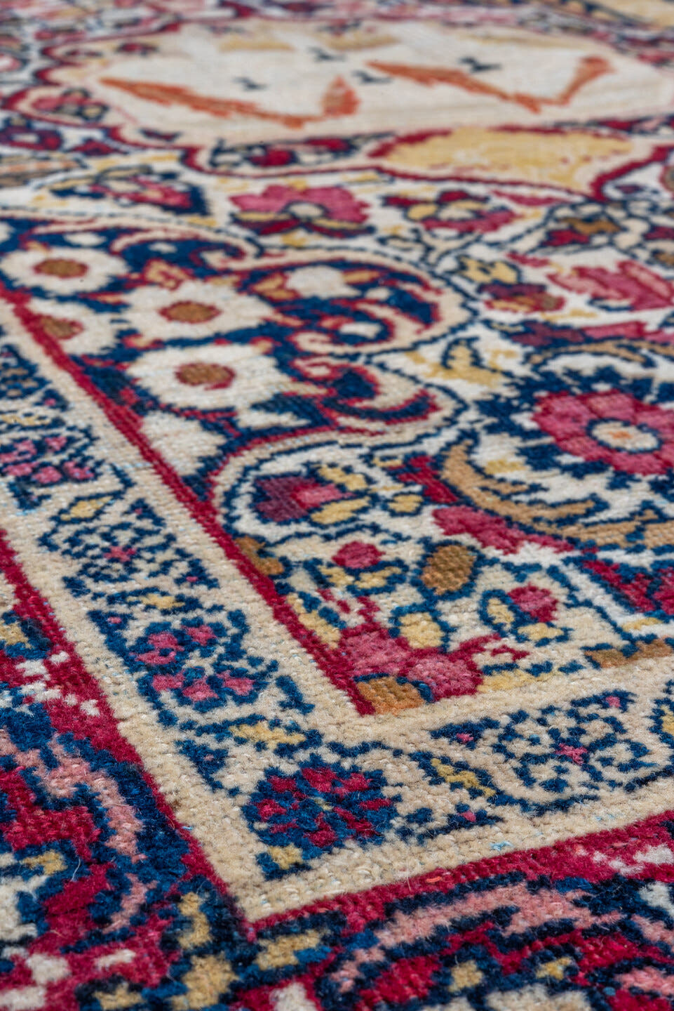 4' x 7' one-of-a-kind handmade vintage Yazd rug. Color palette: ivory, crimson, navy, rose, gold, burgundy, camel, red, blue