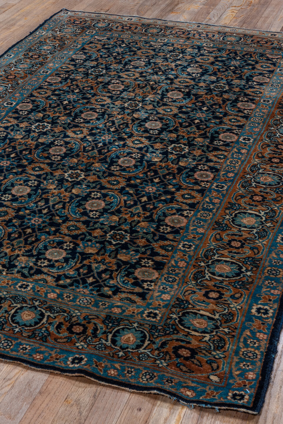 4' x 7' one-of-a-kind handmade vintage Yazd rug. Color palette: navy, turquoise, camel, taupe, rose, ivory, rust, charcoal