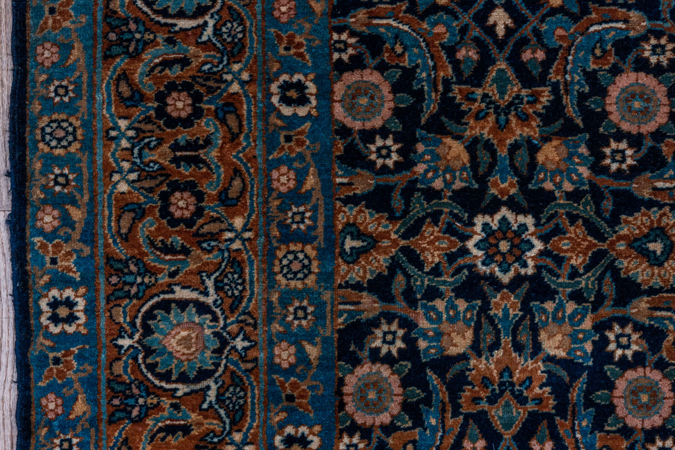 4' x 7' one-of-a-kind handmade vintage Yazd rug. Color palette: navy, turquoise, camel, taupe, rose, ivory, rust, charcoal