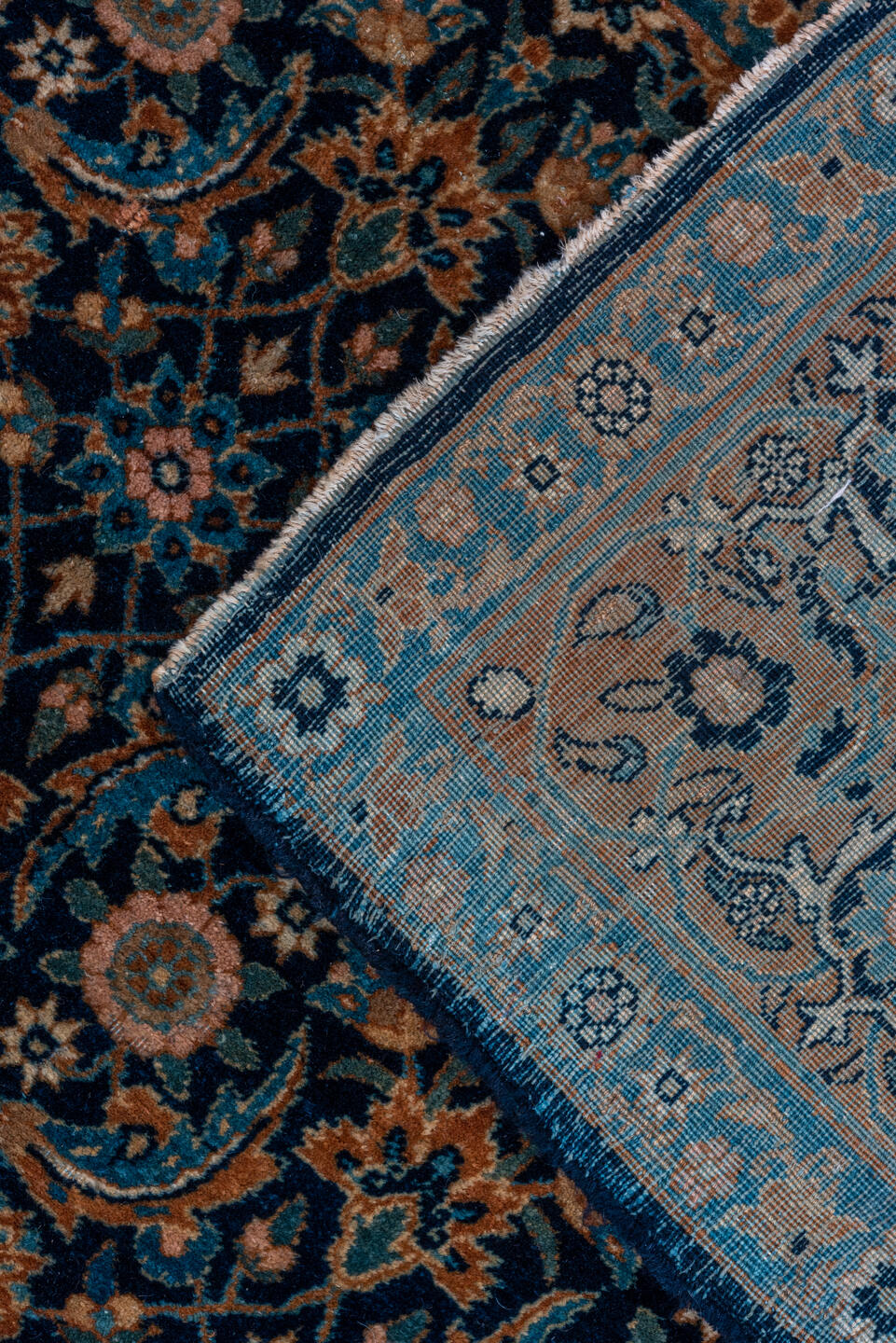 4' x 7' one-of-a-kind handmade vintage Yazd rug. Color palette: navy, turquoise, camel, taupe, rose, ivory, rust, charcoal