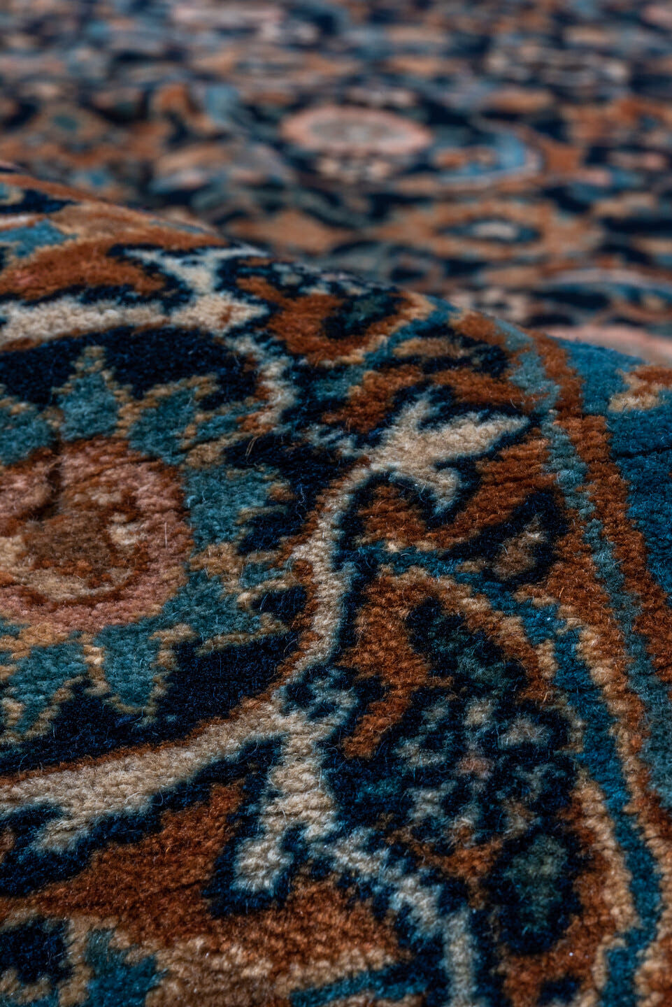 4' x 7' one-of-a-kind handmade vintage Yazd rug. Color palette: navy, turquoise, camel, taupe, rose, ivory, rust, charcoal