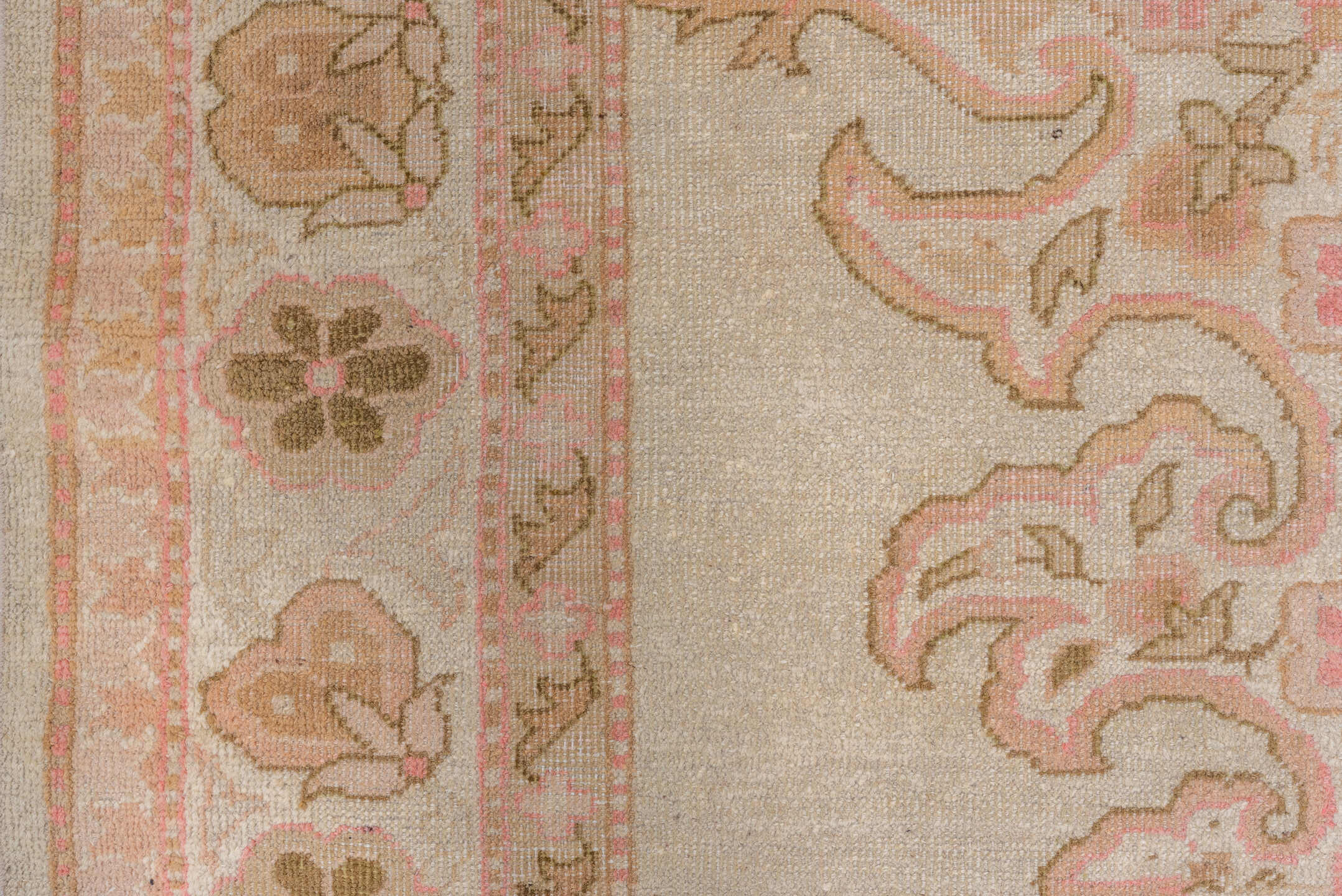 4' x 6' one-of-a-kind handmade vintage Amritzar rug. Color palette: ivory, blush, taupe, olive, cream, rose, pink, beige