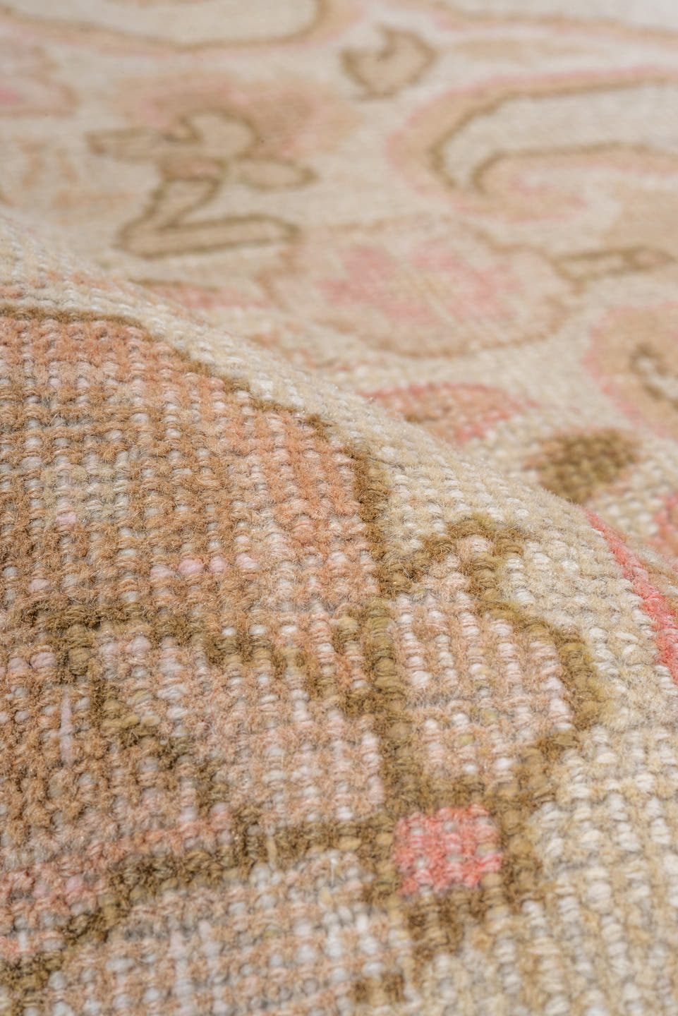 4' x 6' one-of-a-kind handmade vintage Amritzar rug. Color palette: ivory, blush, taupe, olive, cream, rose, pink, beige