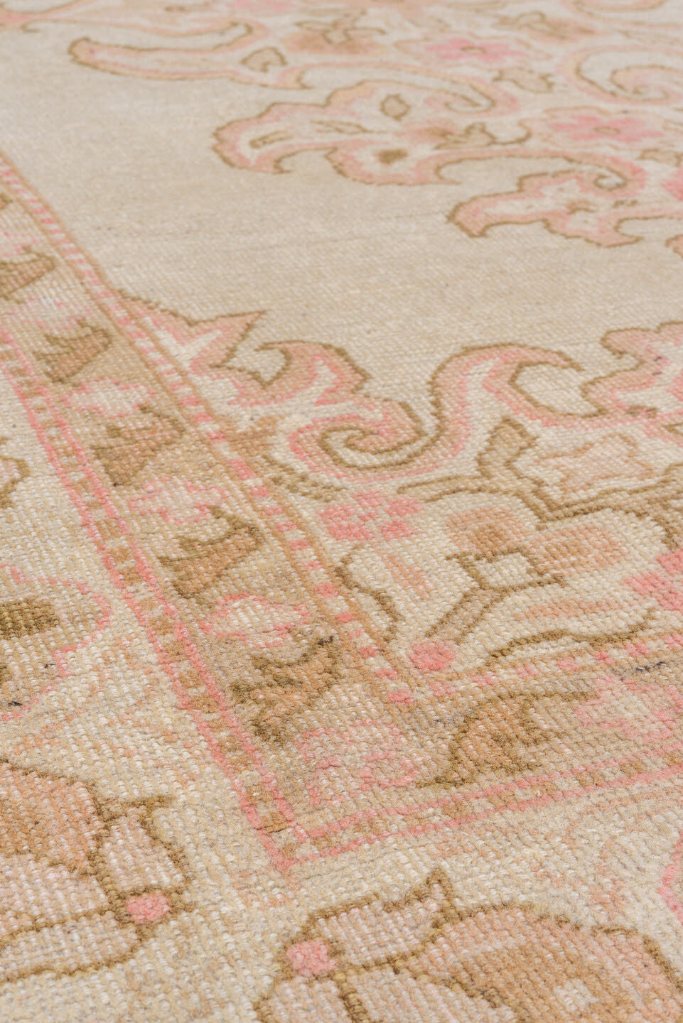 4' x 6' one-of-a-kind handmade vintage Amritzar rug. Color palette: ivory, blush, taupe, olive, cream, rose, pink, beige