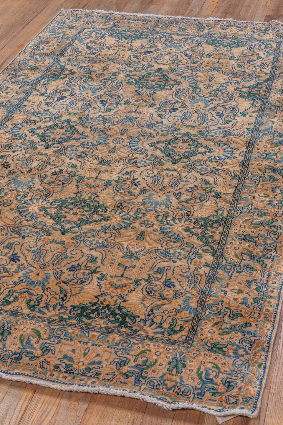 3' x 6' one-of-a-kind handmade vintage Kerman rug. Color palette: camel, teal, slate, brown, ivory, charcoal, beige, gray