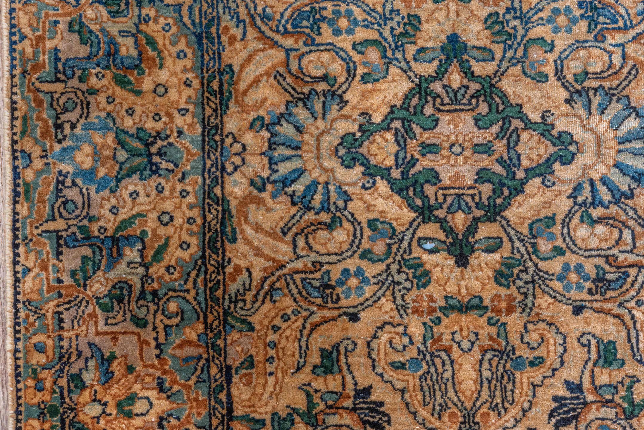 3' x 6' one-of-a-kind handmade vintage Kerman rug. Color palette: camel, teal, slate, brown, ivory, charcoal, beige, gray