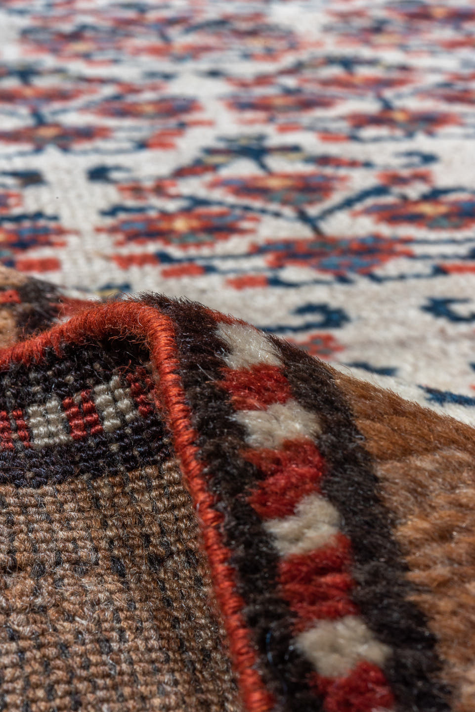 2' x 7' one-of-a-kind handmade vintage Cam Hamadan runner rug. Color palette: ivory, camel, rust, navy, brown, brick, beige