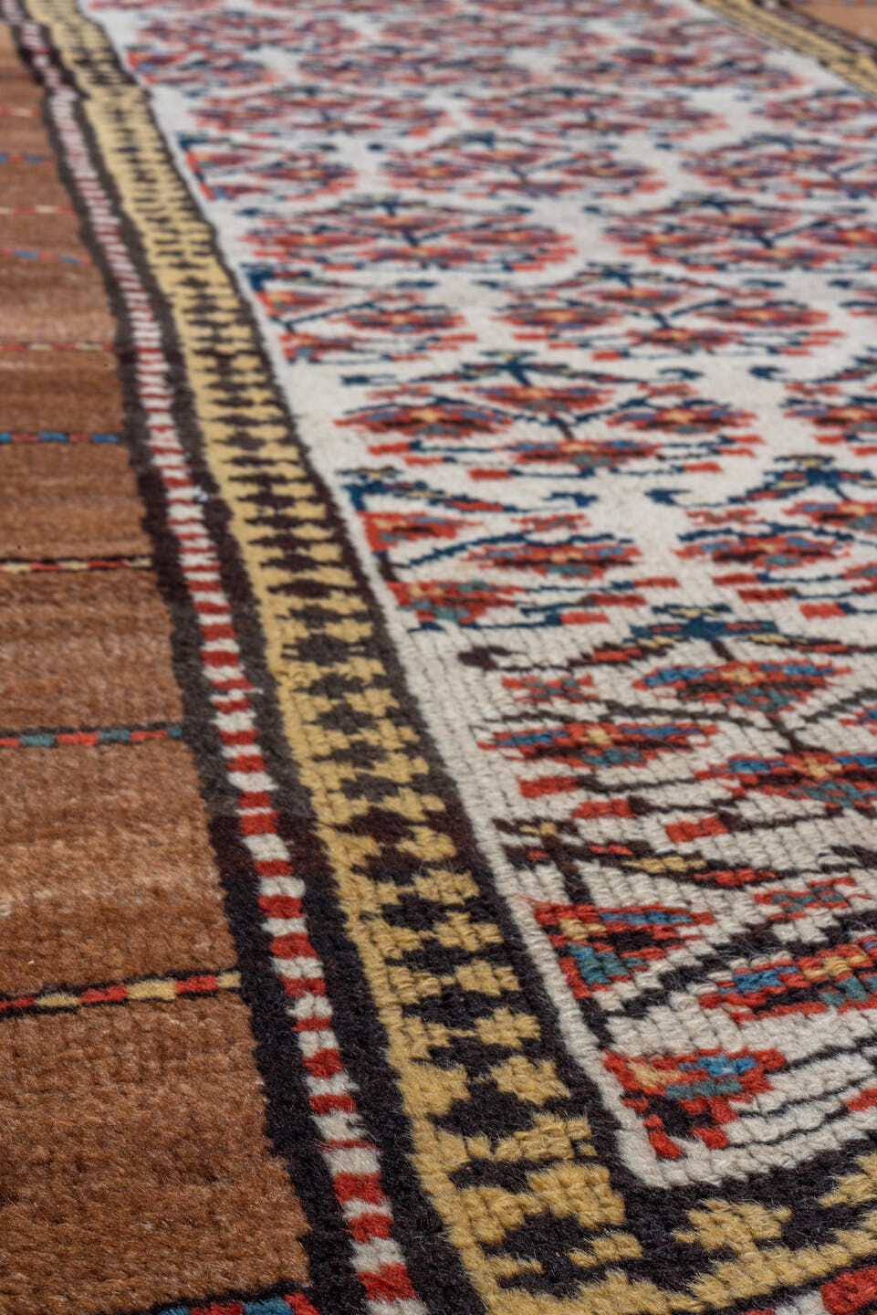 2' x 7' one-of-a-kind handmade vintage Cam Hamadan runner rug. Color palette: ivory, camel, rust, navy, brown, brick, beige