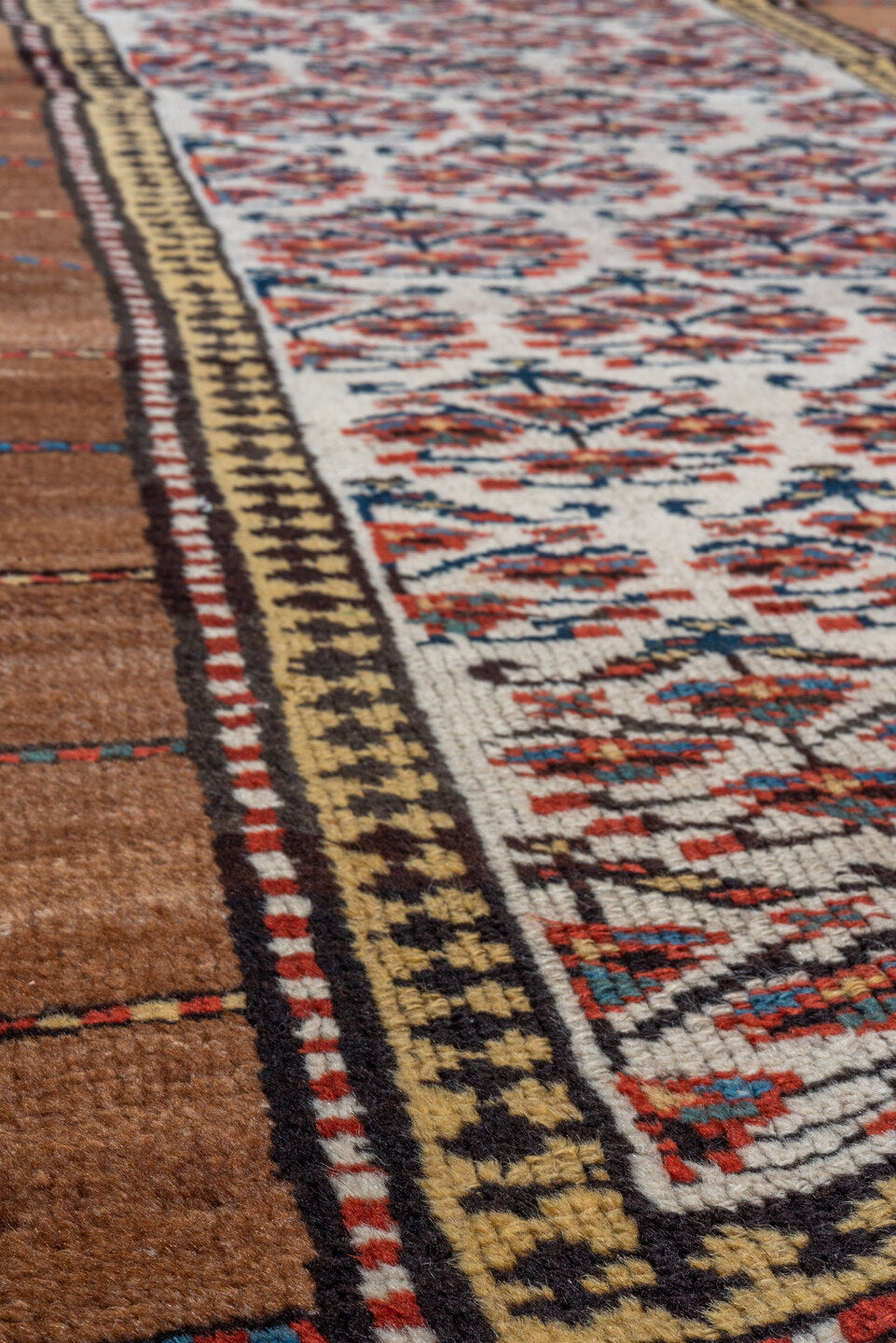 2' x 7' one-of-a-kind handmade vintage Cam Hamadan runner rug. Color palette: ivory, camel, rust, navy, brown, brick, beige