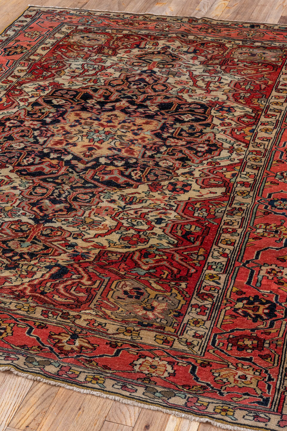 4' x 6' one-of-a-kind handmade vintage Far.Sarouk rug. Color palette: ivory, rose, crimson, burgundy, coral, taupe, charcoal