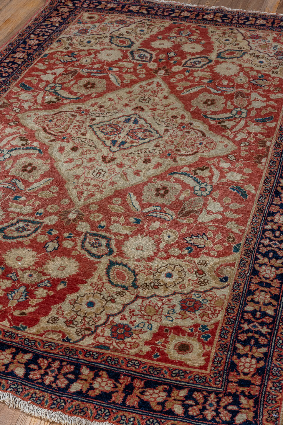 3' x 5' one-of-a-kind handmade vintage Malayer small size rug. Color palette: rose, ivory, navy, rust, coral, camel, slate