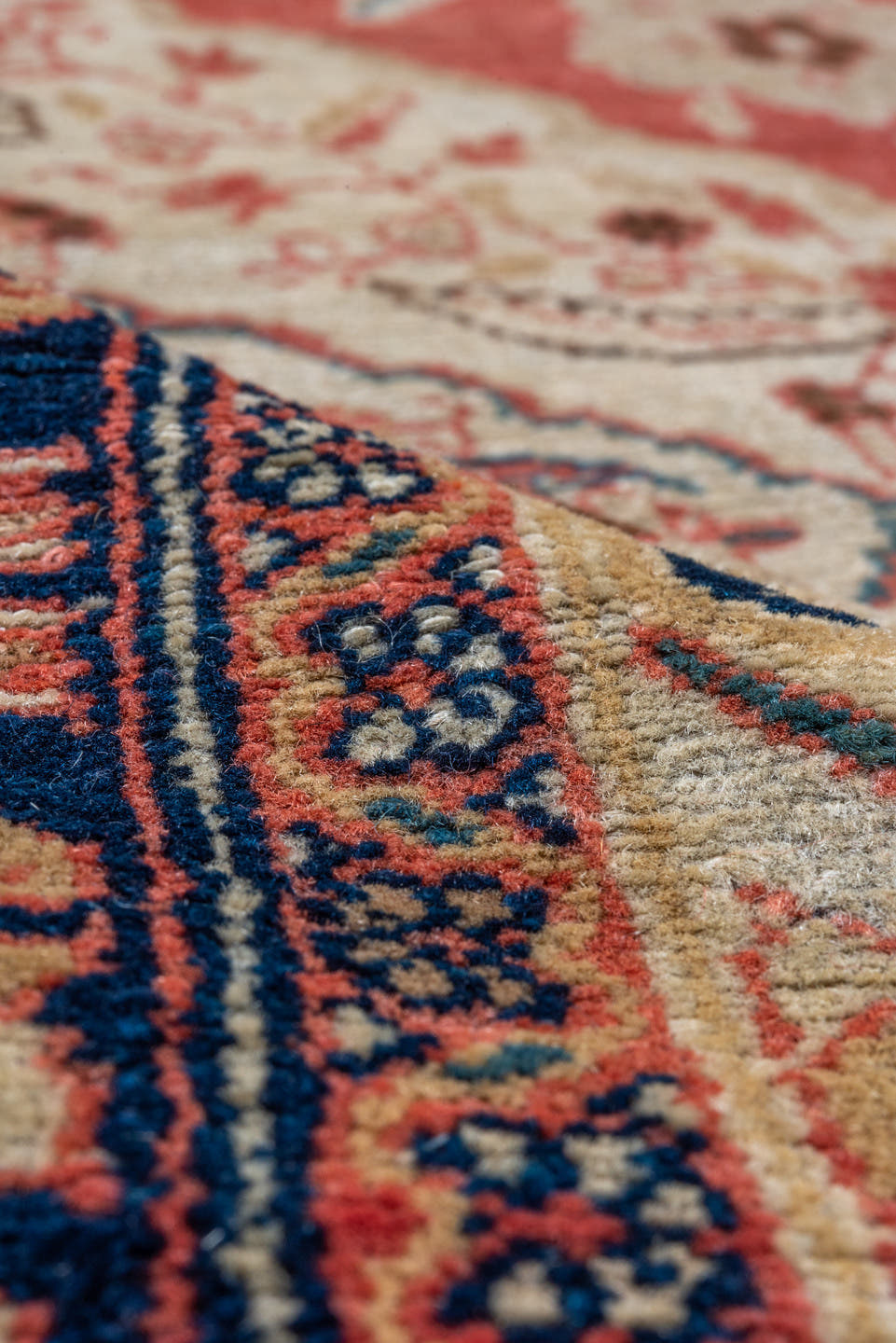 3' x 5' one-of-a-kind handmade vintage Malayer small size rug. Color palette: rose, ivory, navy, rust, coral, camel, slate