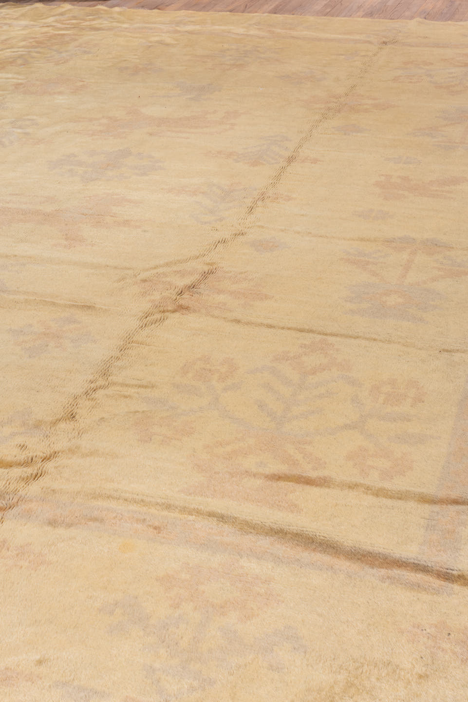 11' x 14' one-of-a-kind handmade vintage Spanish oversize rug. Color palette: ivory, camel, cream, blush, pale blue, taupe