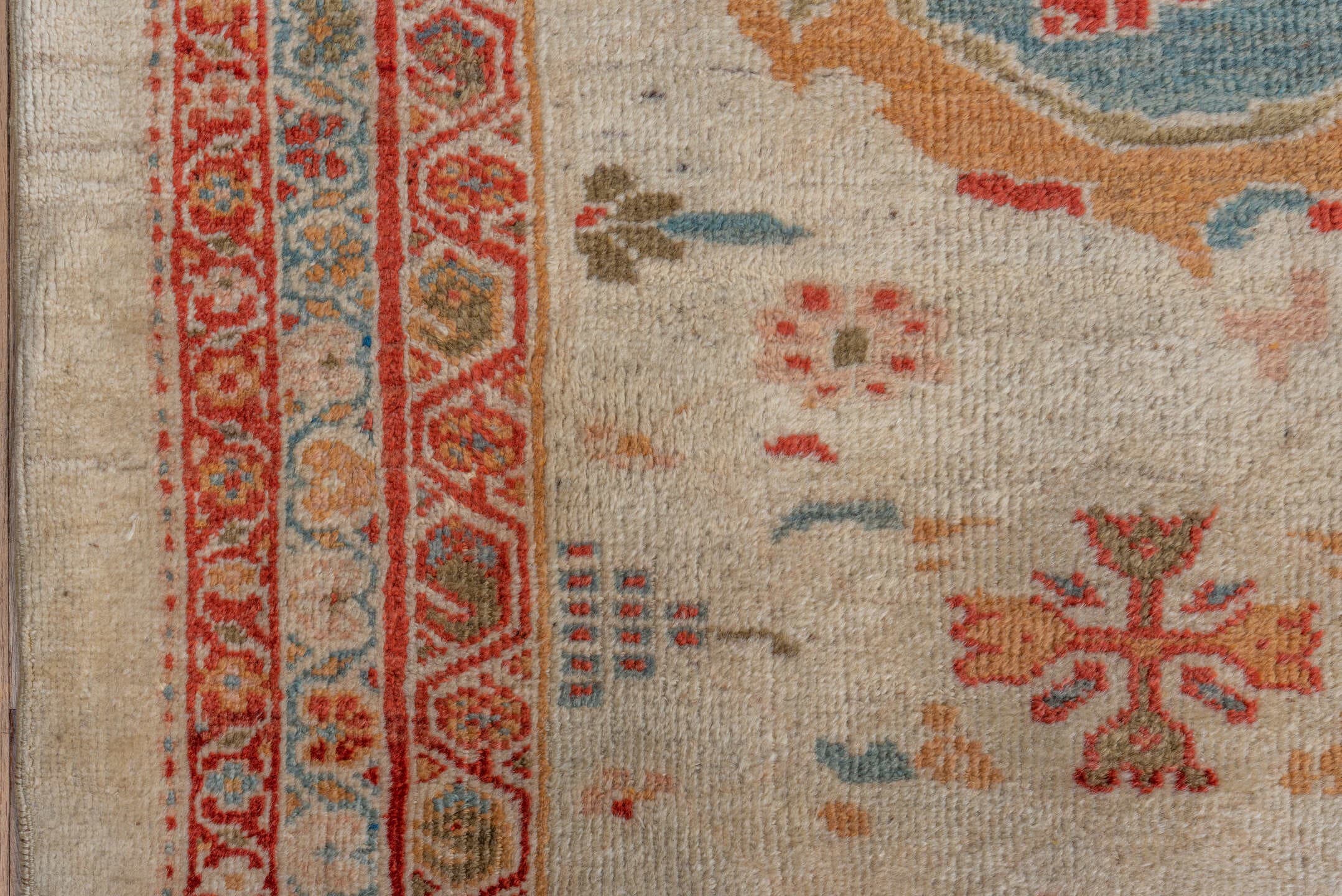 14' x 26' one-of-a-kind handmade vintage Sultanabad oversize rug. Color palette: ivory, rust, coral, taupe, pale blue, camel