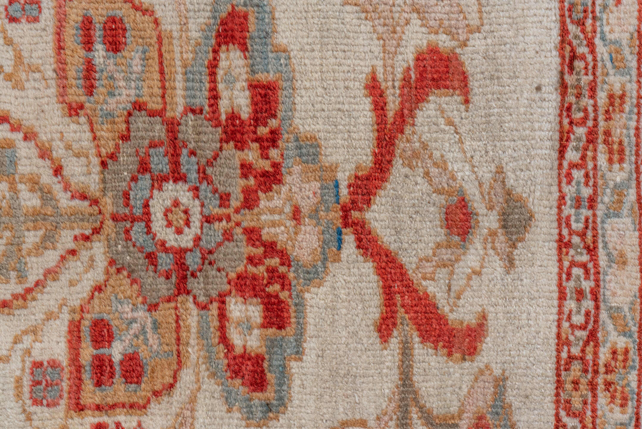 14' x 26' one-of-a-kind handmade vintage Sultanabad oversize rug. Color palette: ivory, rust, coral, taupe, pale blue, camel