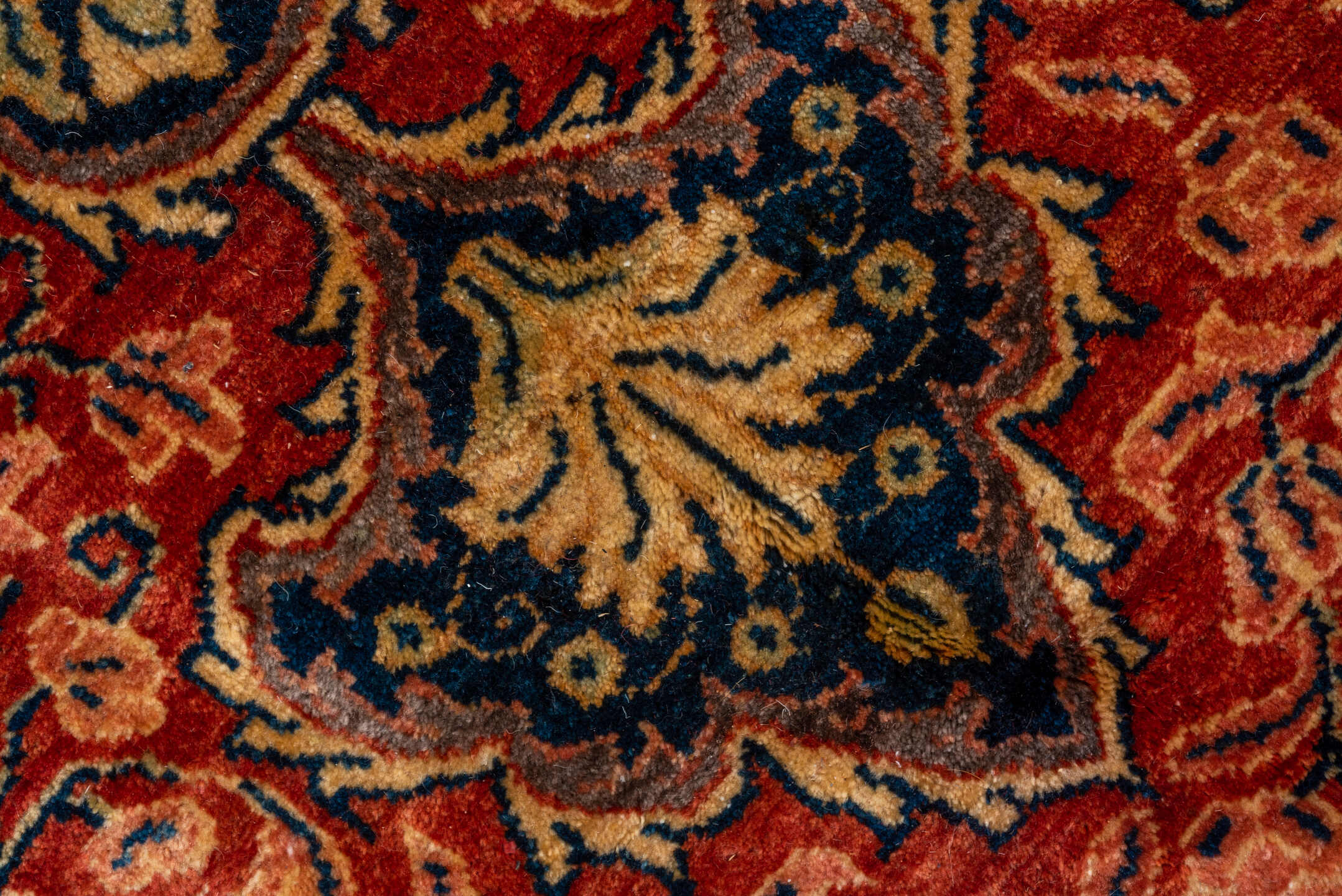 10' x 17' one-of-a-kind handmade vintage Sarouk rug. Color palette: red, navy, ivory, sky blue, rust, coral, camel, blue