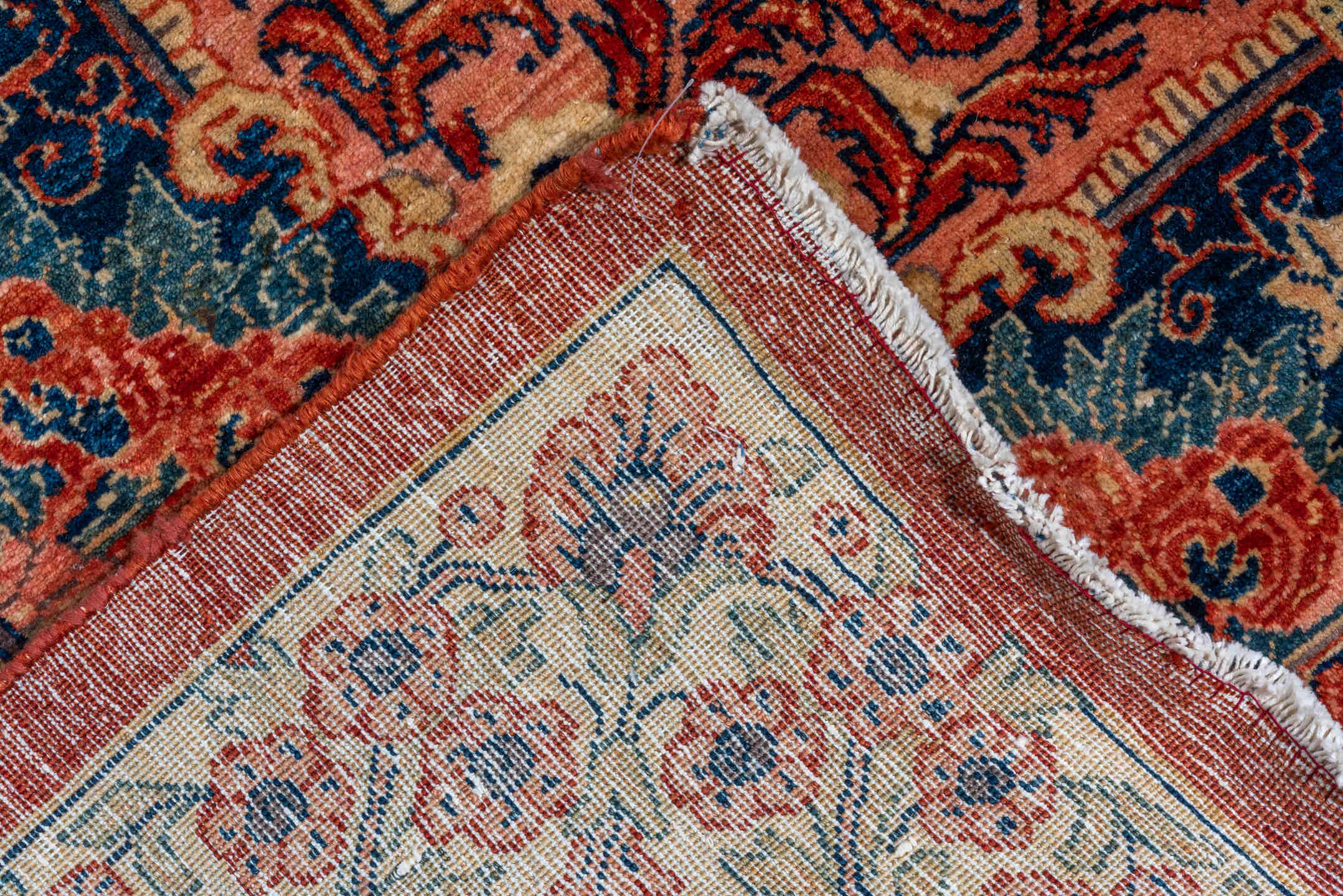 10' x 17' one-of-a-kind handmade vintage Sarouk rug. Color palette: red, navy, ivory, sky blue, rust, coral, camel, blue