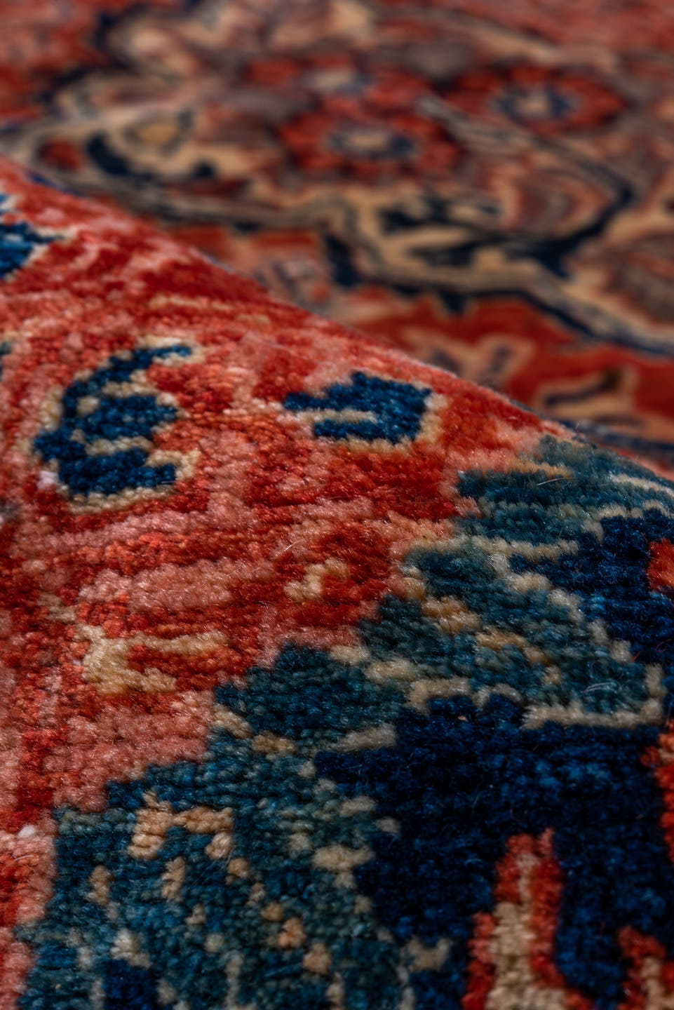 10' x 17' one-of-a-kind handmade vintage Sarouk rug. Color palette: red, navy, ivory, sky blue, rust, coral, camel, blue