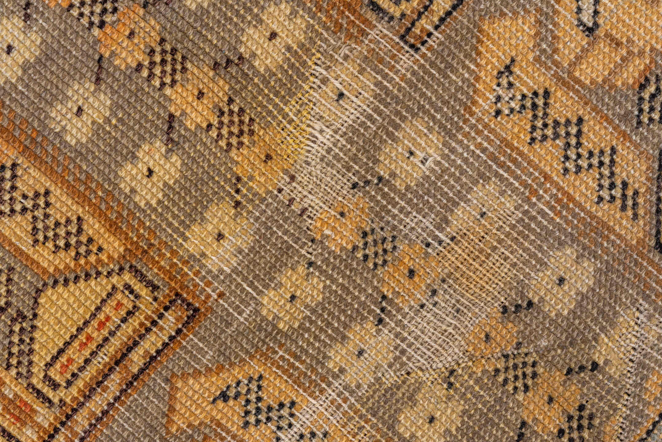4' x 5' one-of-a-kind handmade vintage Kula small size rug. Color palette: ivory, camel, taupe, pale blue, tan, charcoal
