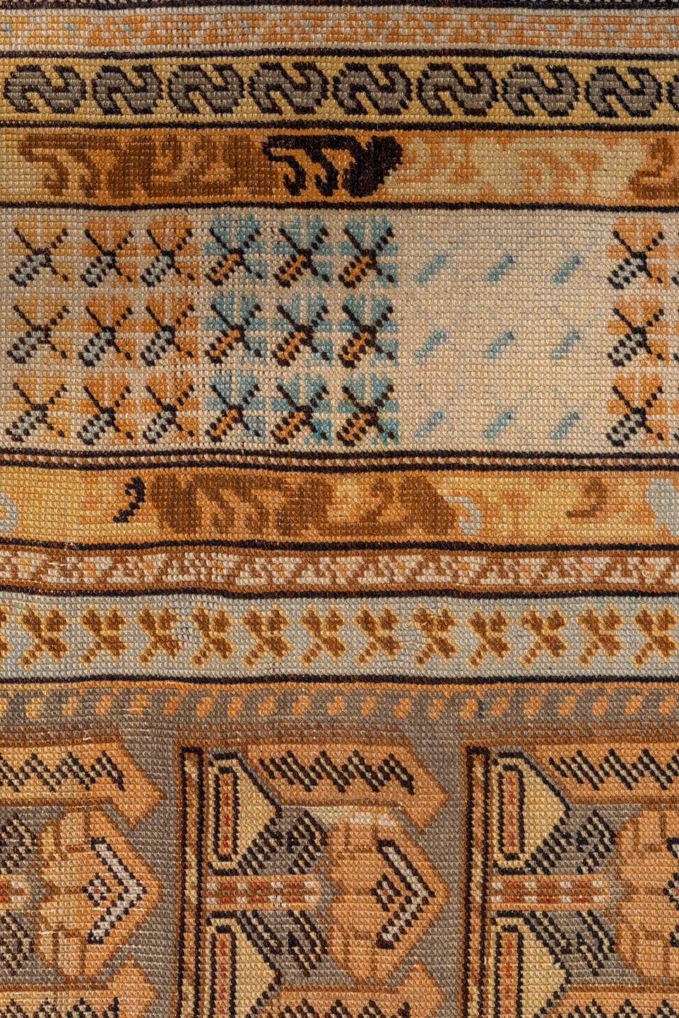 4' x 5' one-of-a-kind handmade vintage Kula small size rug. Color palette: ivory, camel, taupe, pale blue, tan, charcoal