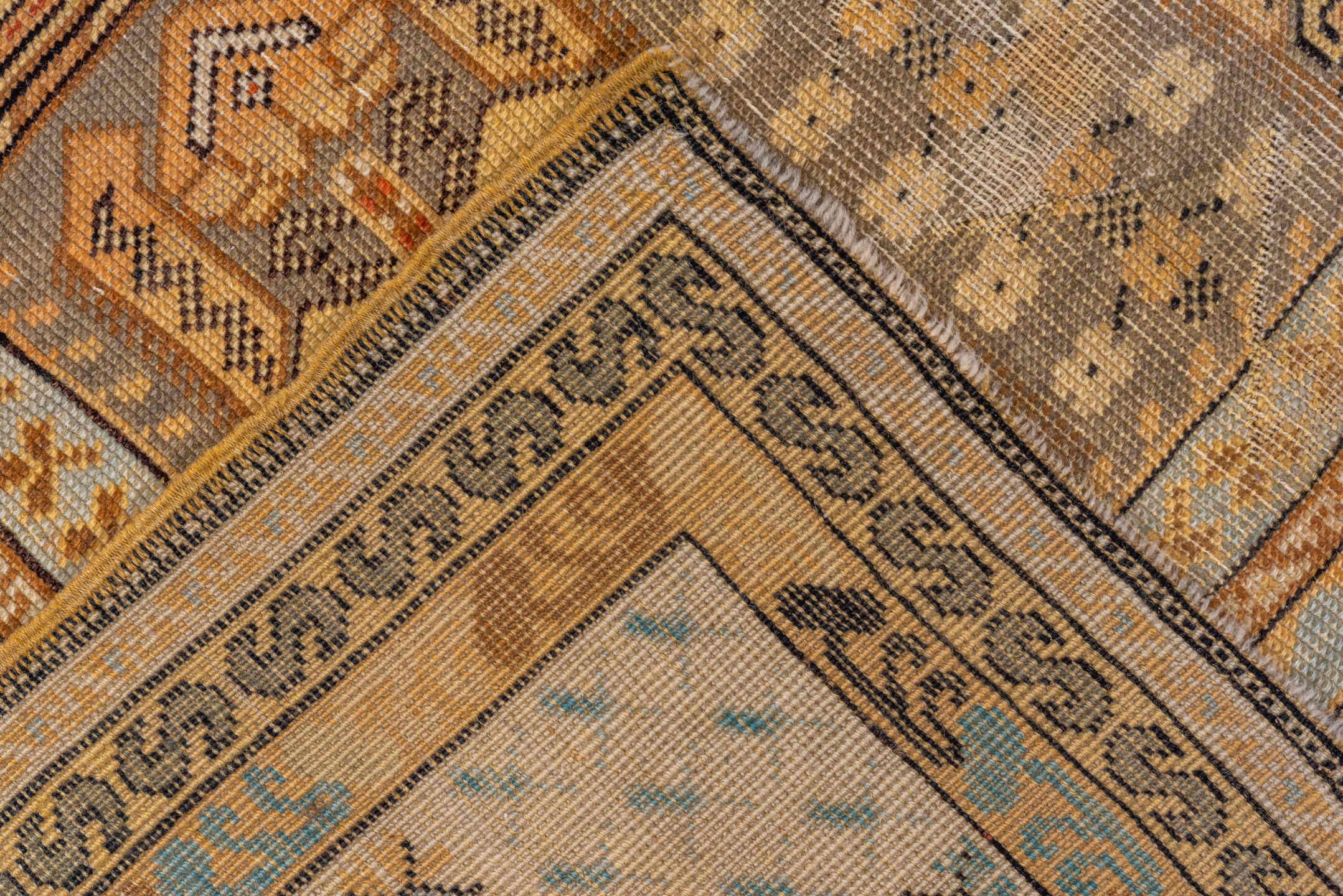 4' x 5' one-of-a-kind handmade vintage Kula small size rug. Color palette: ivory, camel, taupe, pale blue, tan, charcoal