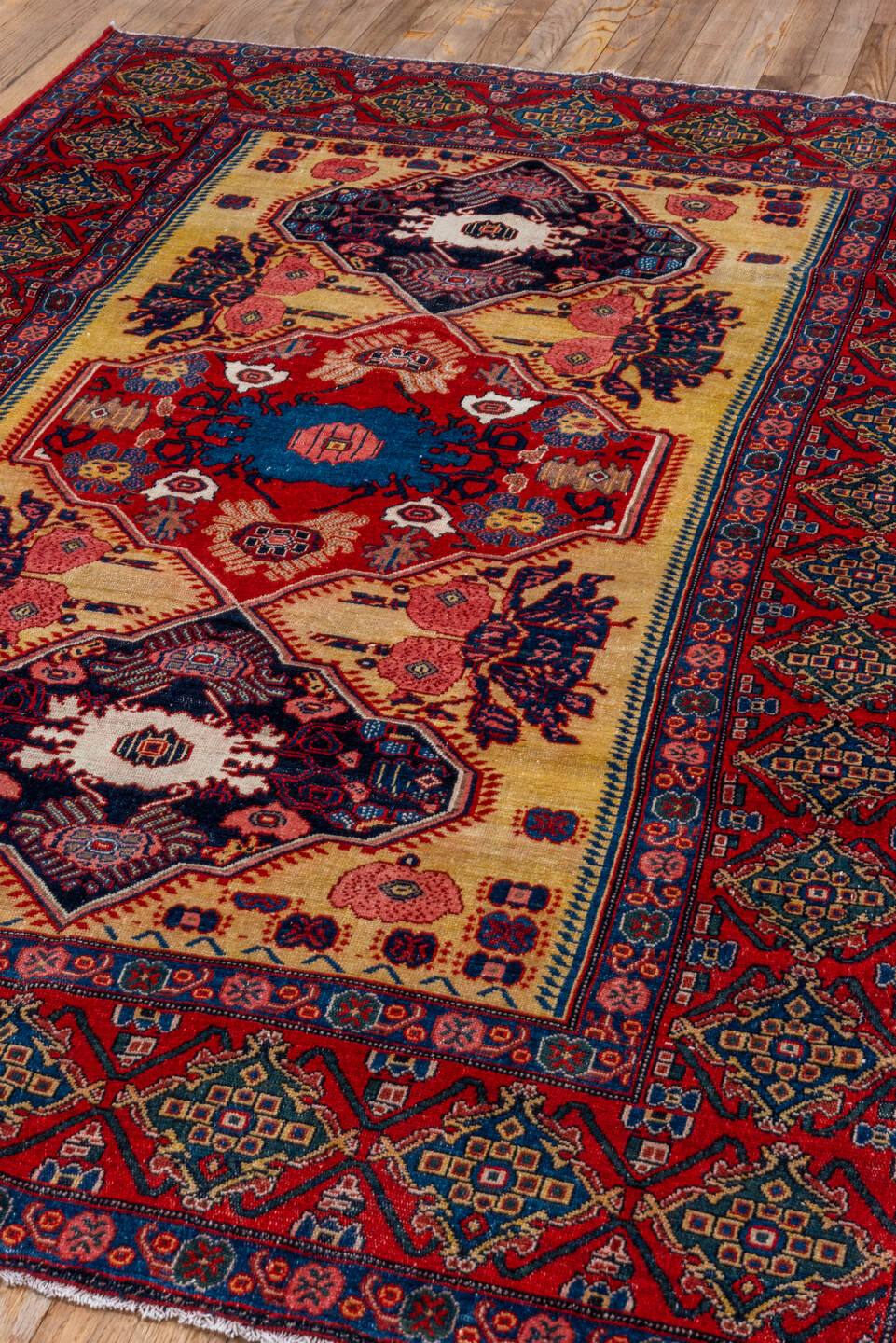 4' x 6' one-of-a-kind handmade vintage Senne rug. Color palette: red, ivory, navy, indigo, rose, camel, sky_blue, burgundy