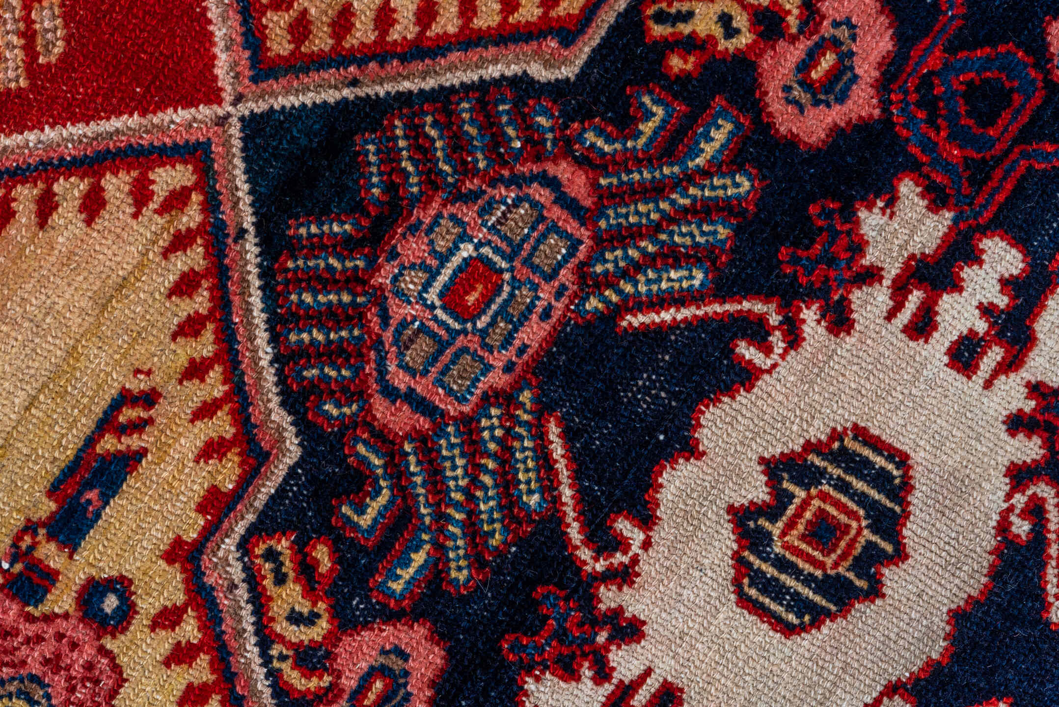 4' x 6' one-of-a-kind handmade vintage Senne rug. Color palette: red, ivory, navy, indigo, rose, camel, sky_blue, burgundy