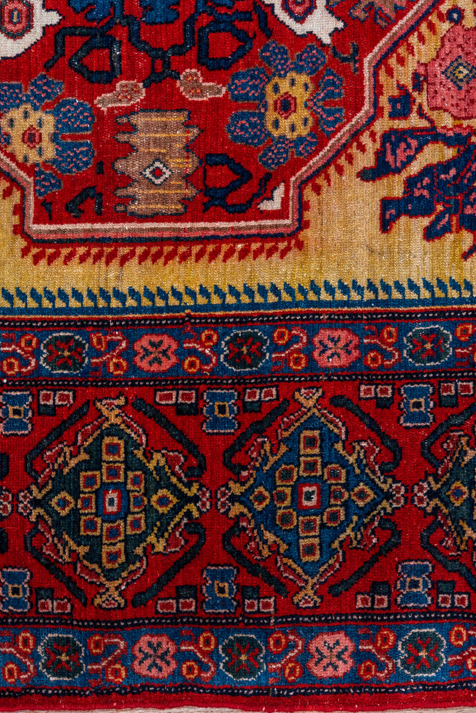 4' x 6' one-of-a-kind handmade vintage Senne rug. Color palette: red, ivory, navy, indigo, rose, camel, sky_blue, burgundy
