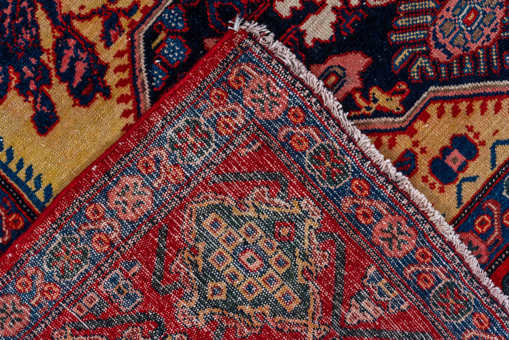 4' x 6' one-of-a-kind handmade vintage Senne rug. Color palette: red, ivory, navy, indigo, rose, camel, sky_blue, burgundy