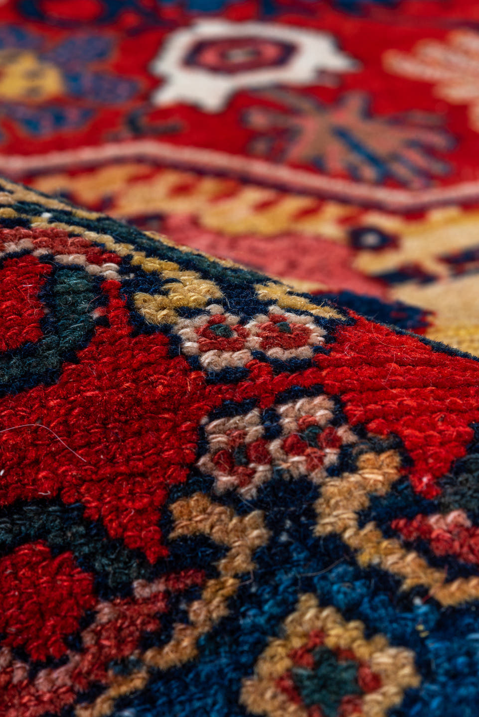 4' x 6' one-of-a-kind handmade vintage Senne rug. Color palette: red, ivory, navy, indigo, rose, camel, sky_blue, burgundy