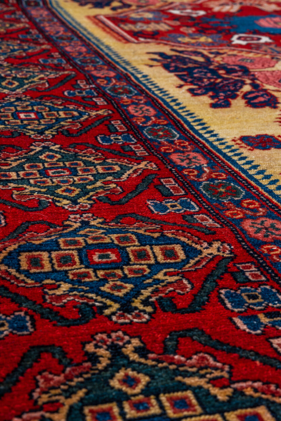 4' x 6' one-of-a-kind handmade vintage Senne rug. Color palette: red, ivory, navy, indigo, rose, camel, sky_blue, burgundy