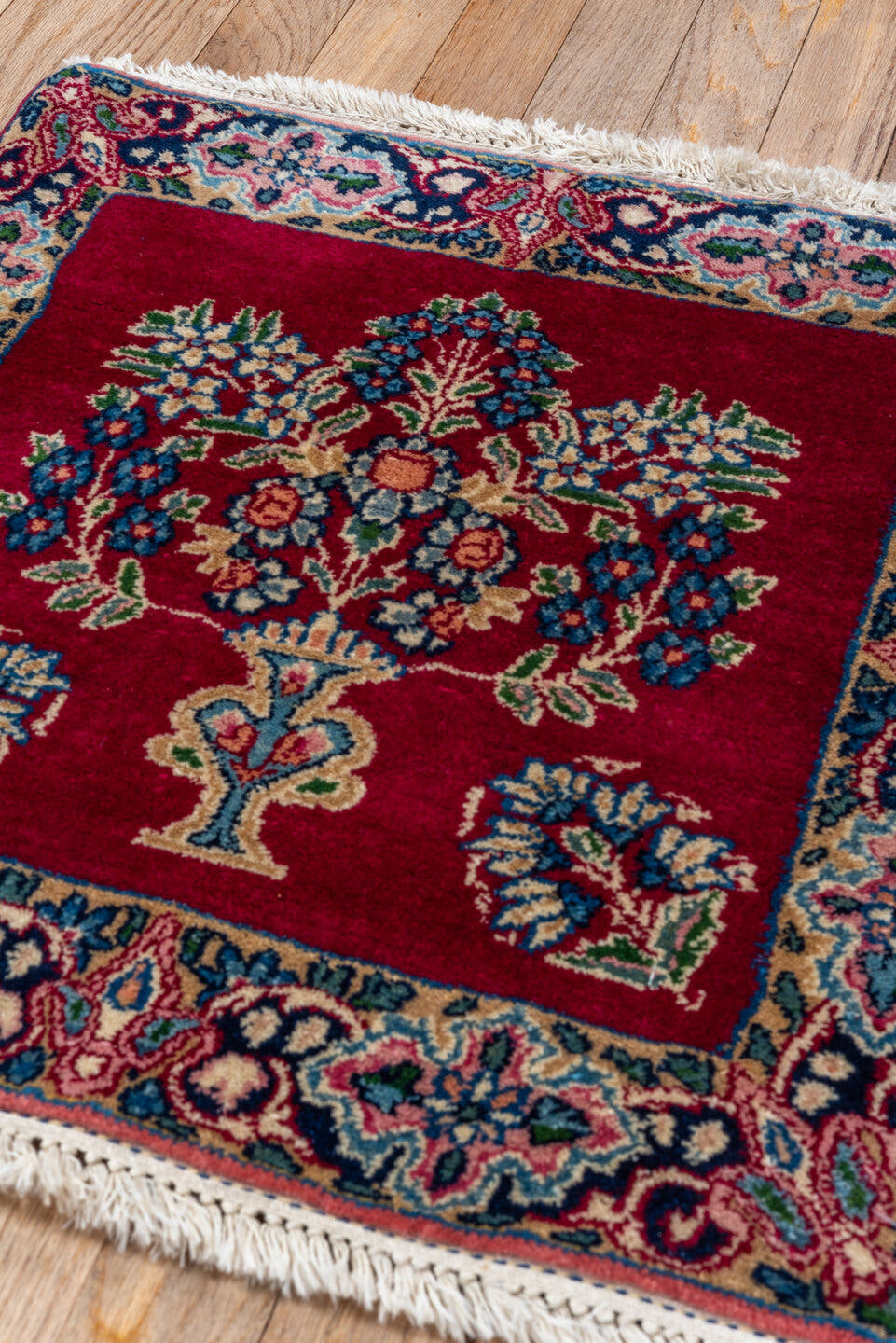 1' x 1' one-of-a-kind handmade vintage Kerman small size rug. Color palette: crimson, ivory, navy, rose, sky_blue, sage