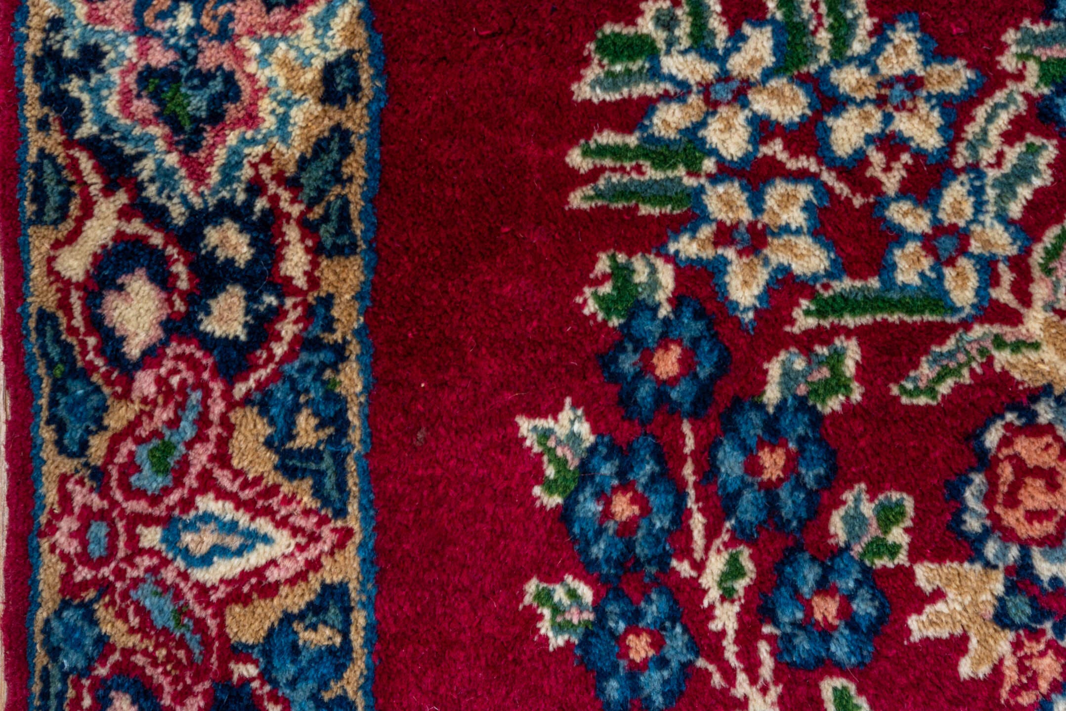 1' x 1' one-of-a-kind handmade vintage Kerman small size rug. Color palette: crimson, ivory, navy, rose, sky_blue, sage