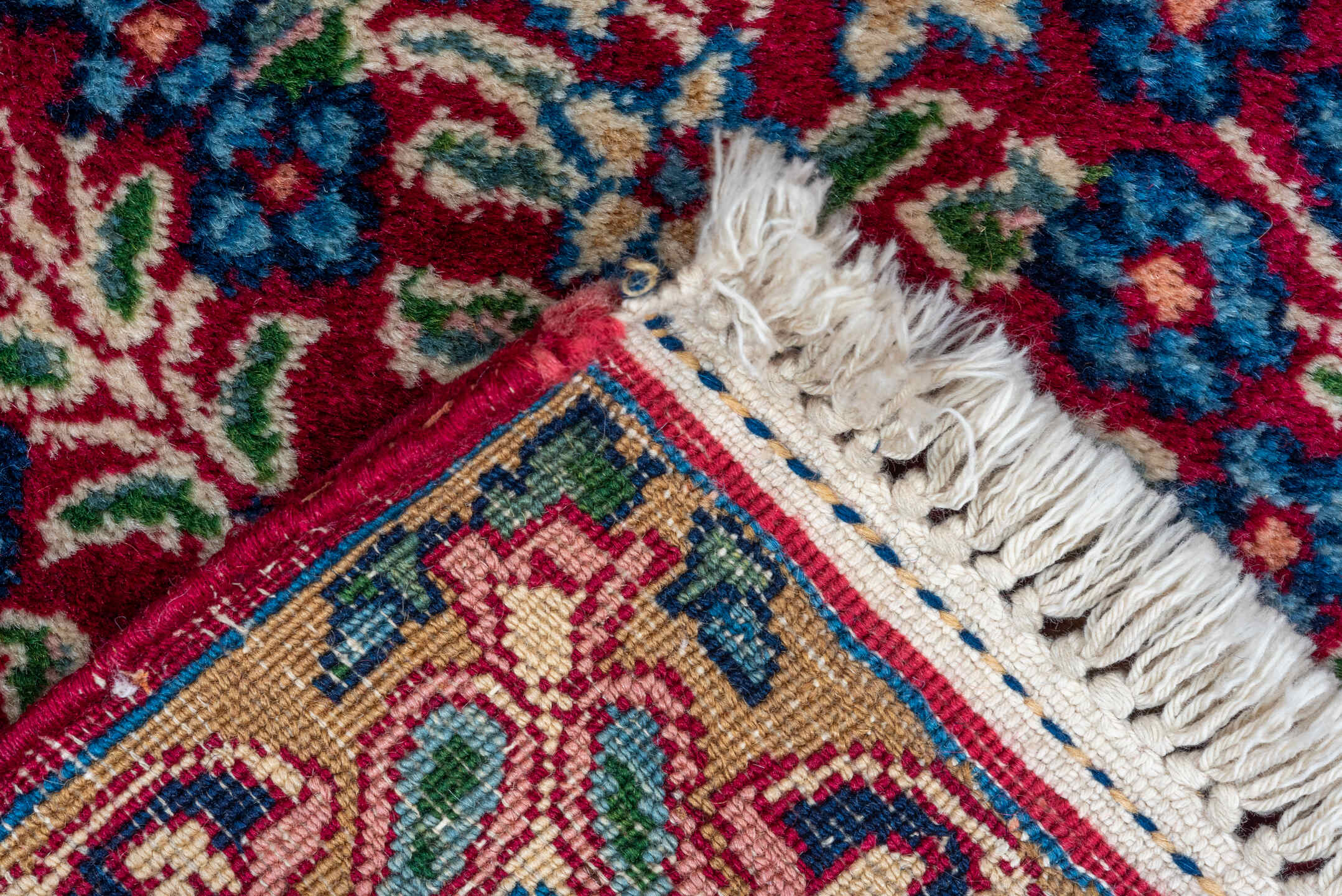 1' x 1' one-of-a-kind handmade vintage Kerman small size rug. Color palette: crimson, ivory, navy, rose, sky_blue, sage