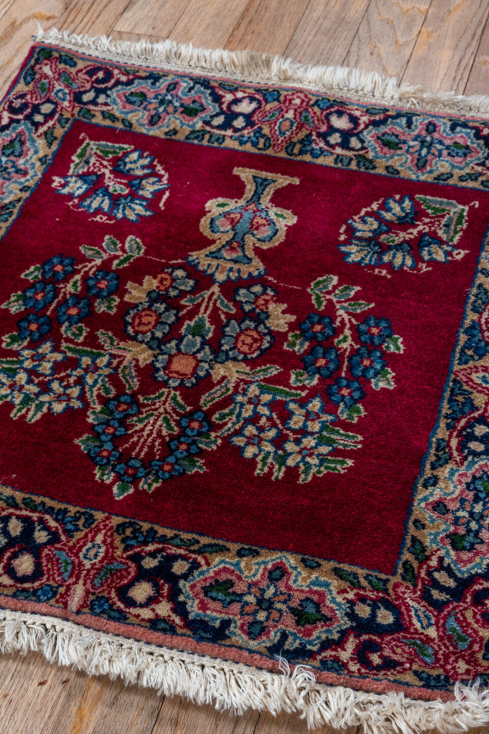 1' x 1' one-of-a-kind handmade vintage Kerman small size rug. Color palette: crimson, ivory, navy, rose, sky_blue, sage