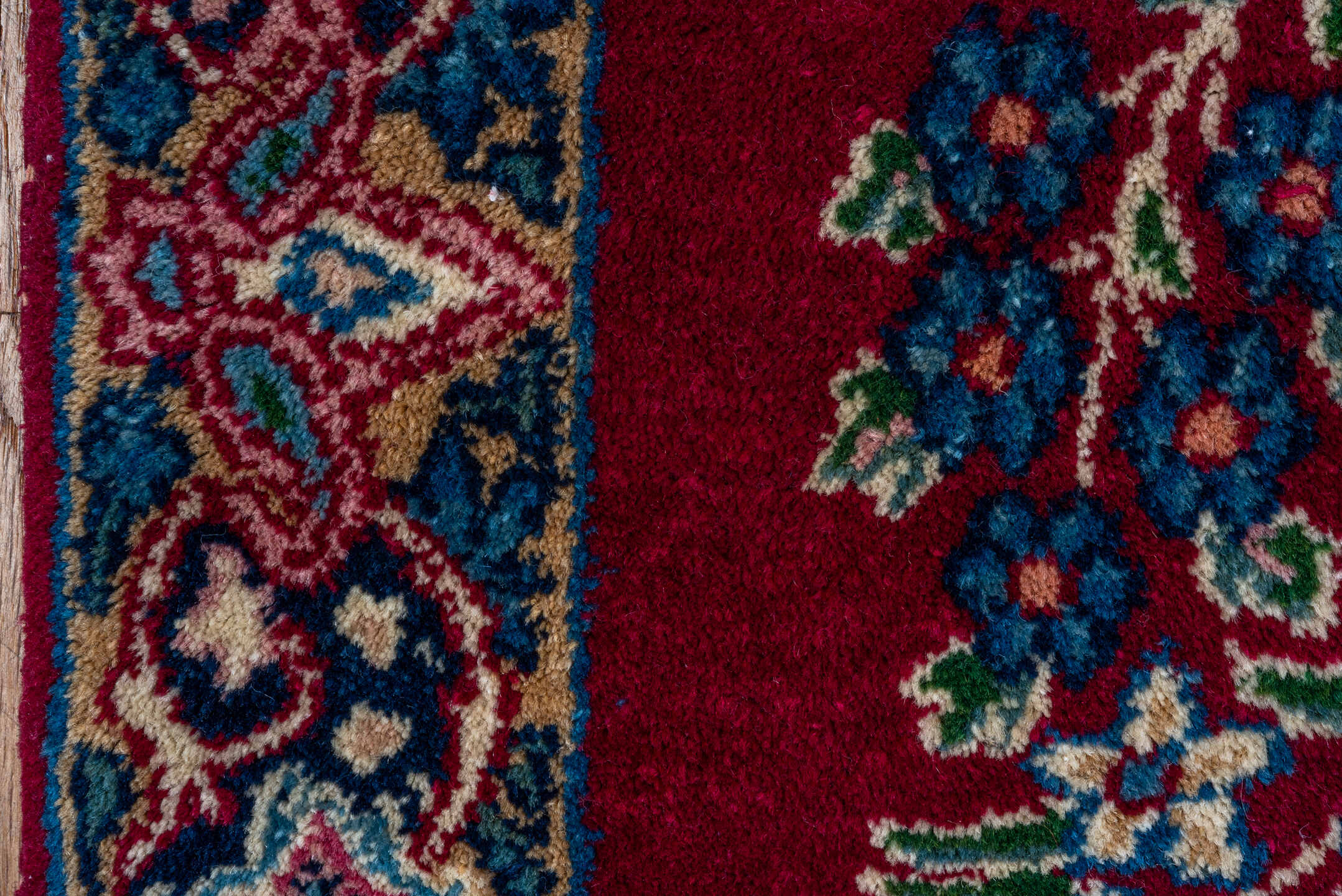 1' x 1' one-of-a-kind handmade vintage Kerman small size rug. Color palette: crimson, ivory, navy, rose, sky_blue, sage