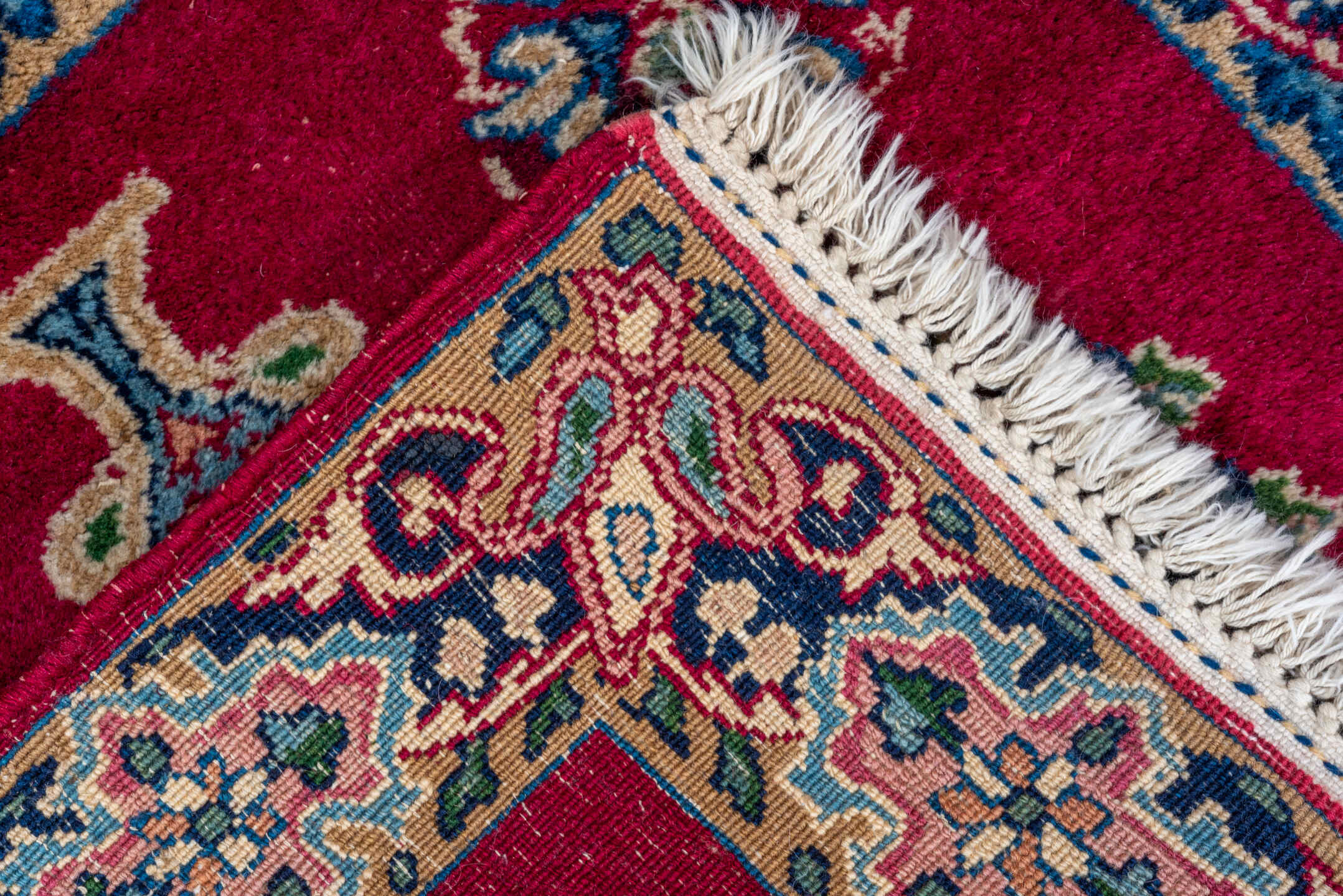 1' x 1' one-of-a-kind handmade vintage Kerman small size rug. Color palette: crimson, ivory, navy, rose, sky_blue, sage