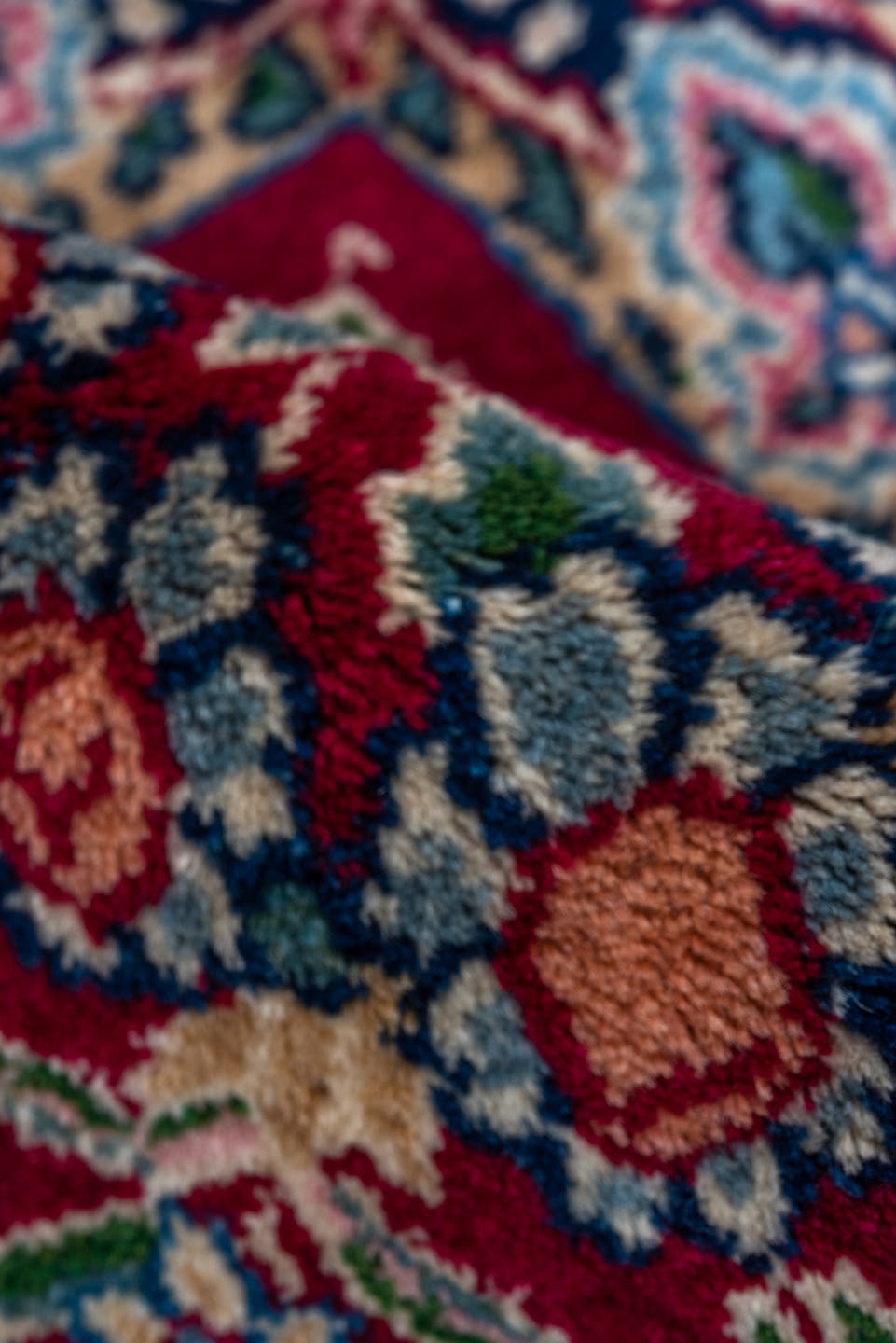 1' x 1' one-of-a-kind handmade vintage Kerman small size rug. Color palette: crimson, ivory, navy, rose, sky_blue, sage
