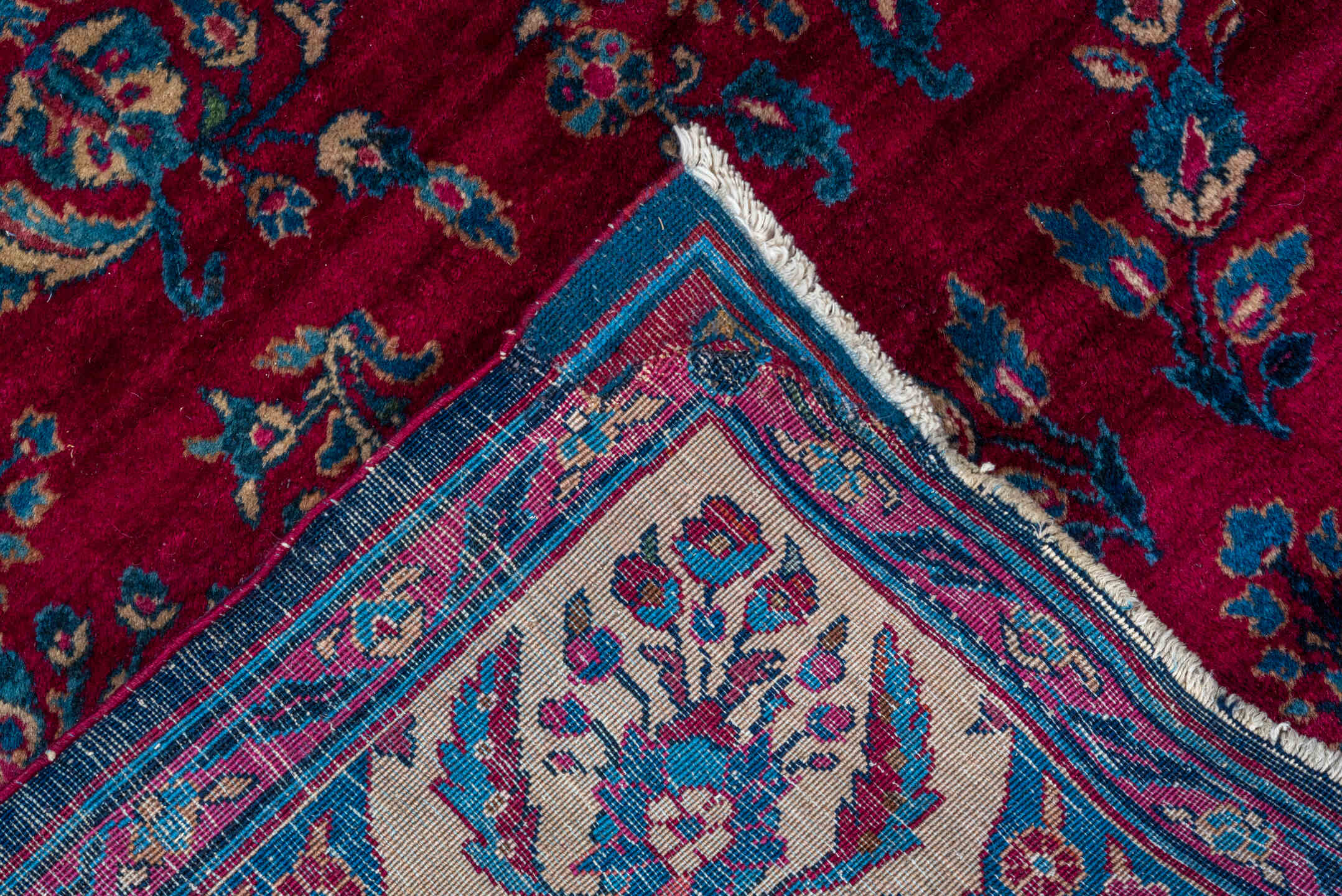 3' x 6' one-of-a-kind handmade vintage Kerman small size rug. Color palette: crimson, ivory, navy, sky blue, rose, burgundy