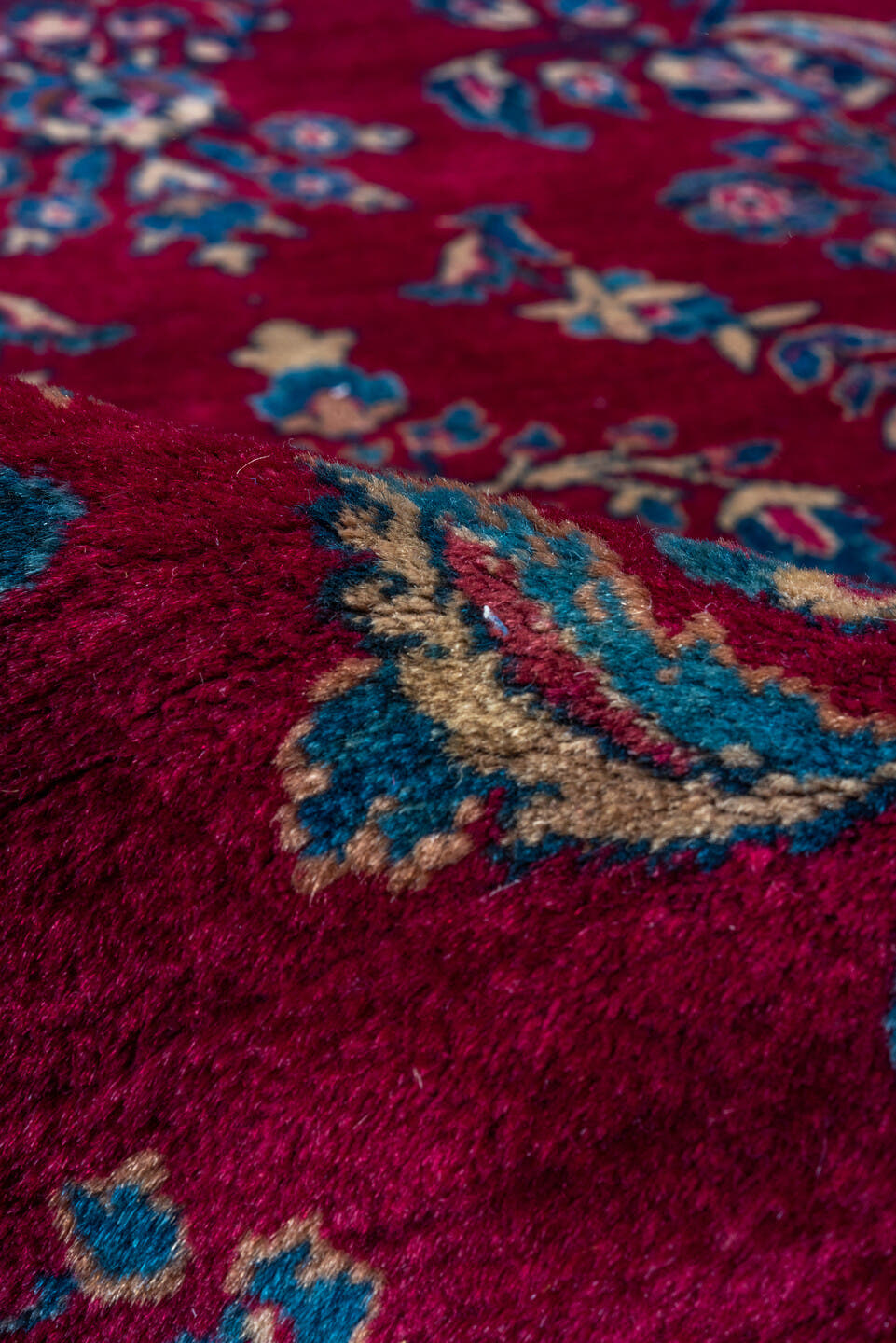 3' x 6' one-of-a-kind handmade vintage Kerman small size rug. Color palette: crimson, ivory, navy, sky blue, rose, burgundy