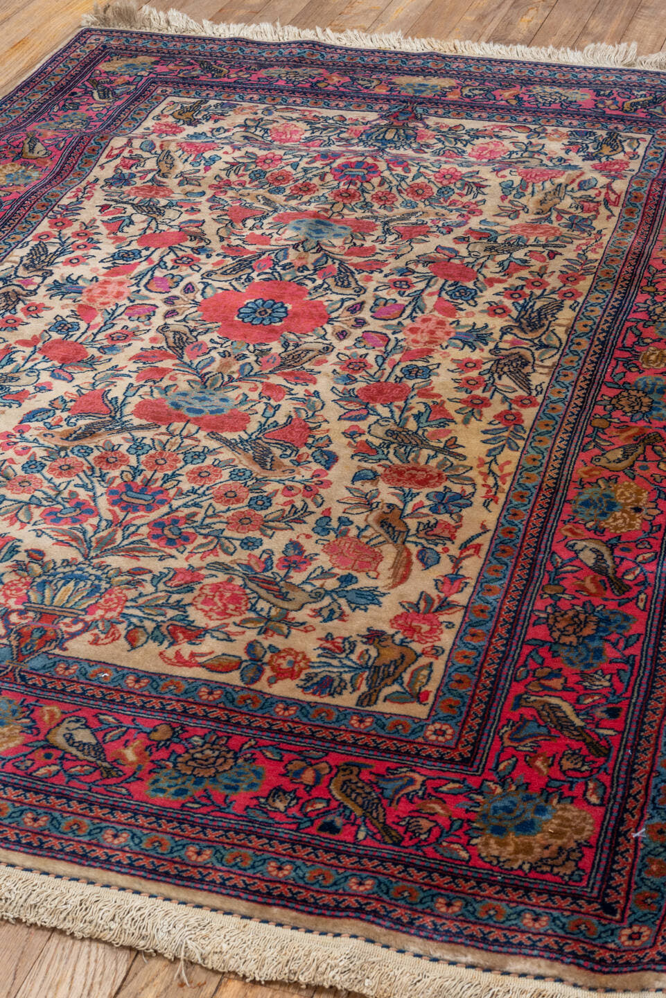 3' x 4' one-of-a-kind handmade vintage Kashan small size rug. Color palette: ivory, rose, navy, coral, sky_blue, taupe