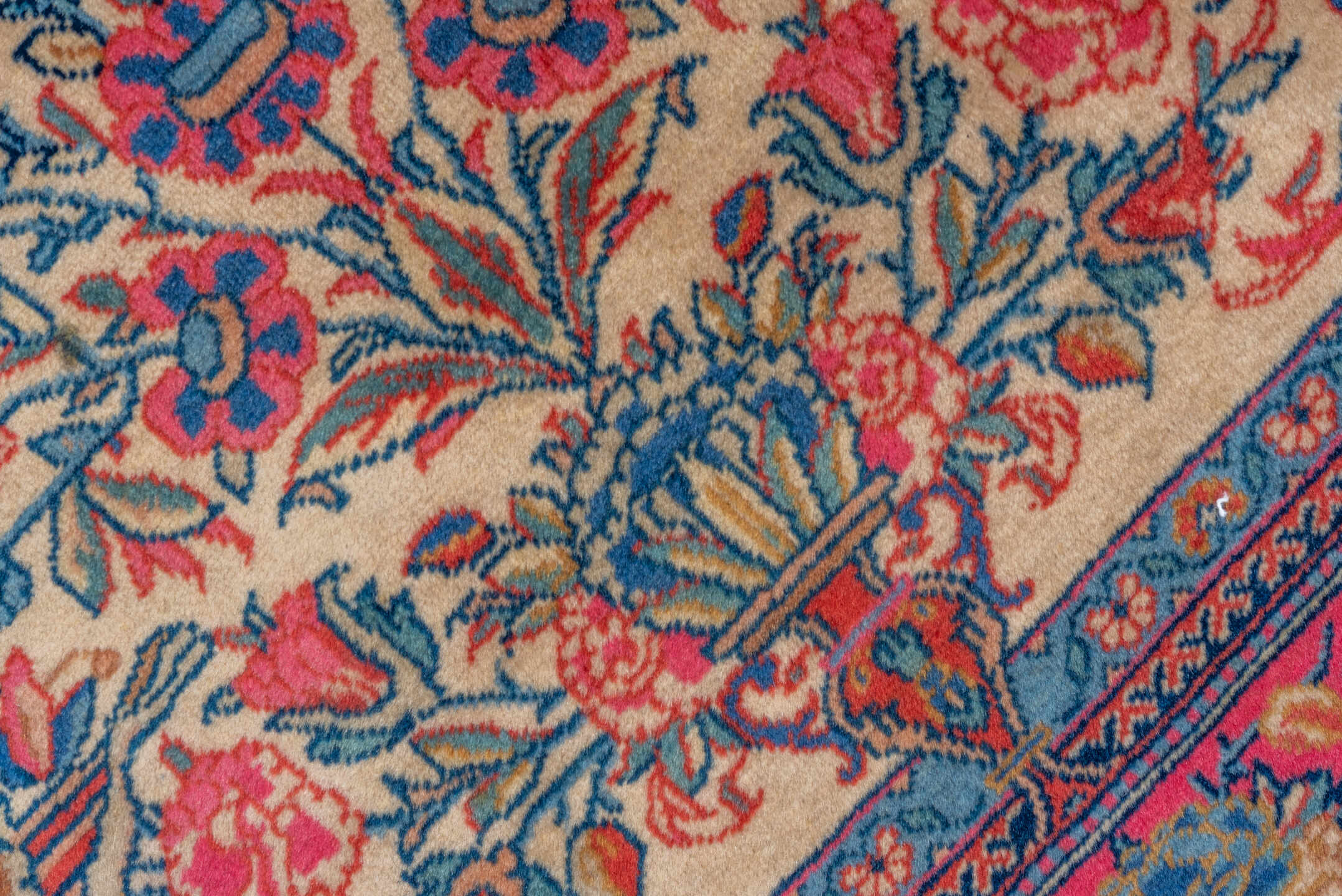 3' x 4' one-of-a-kind handmade vintage Kashan small size rug. Color palette: ivory, rose, navy, coral, sky_blue, taupe