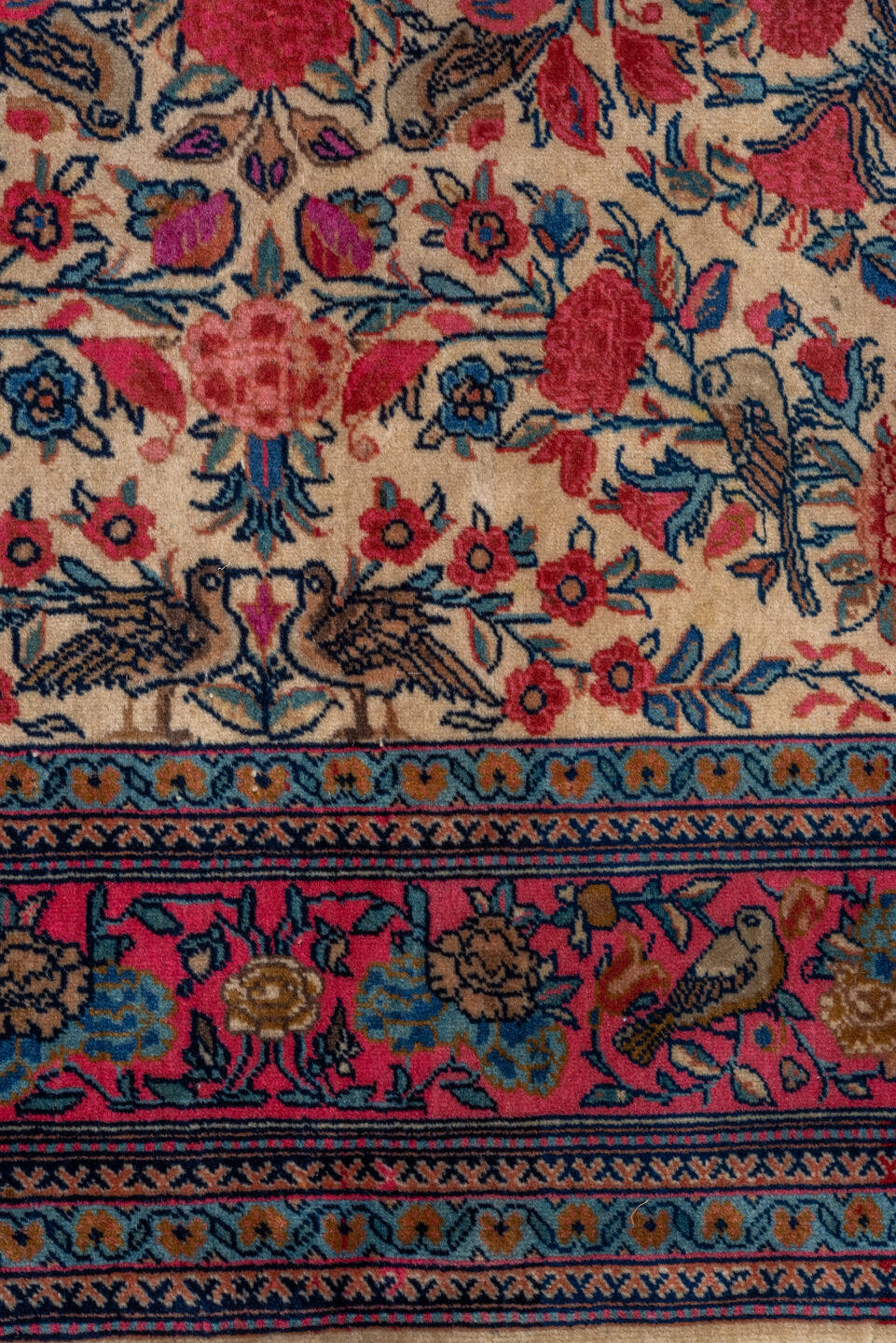 3' x 4' one-of-a-kind handmade vintage Kashan small size rug. Color palette: ivory, rose, navy, coral, sky_blue, taupe