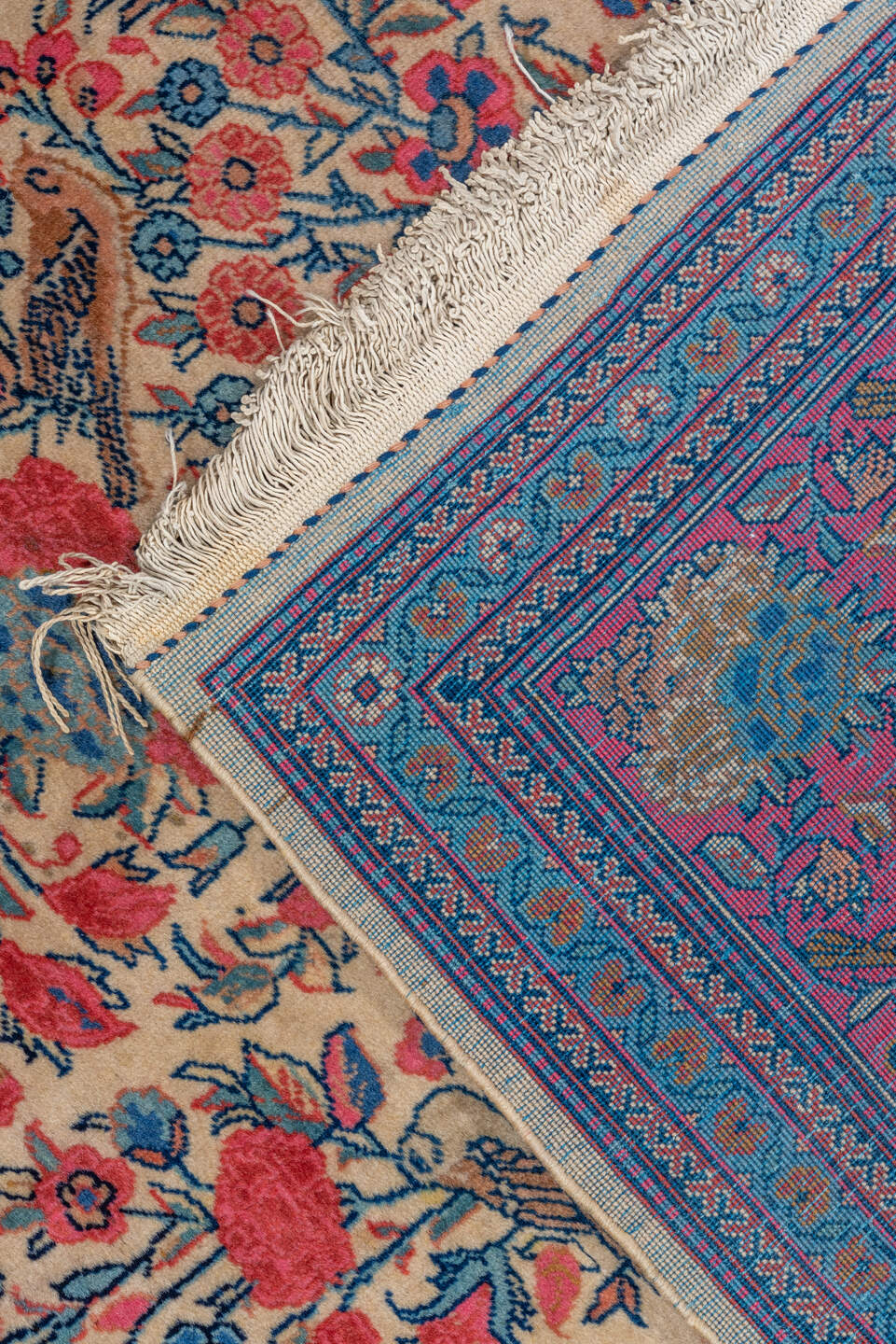 3' x 4' one-of-a-kind handmade vintage Kashan small size rug. Color palette: ivory, rose, navy, coral, sky_blue, taupe